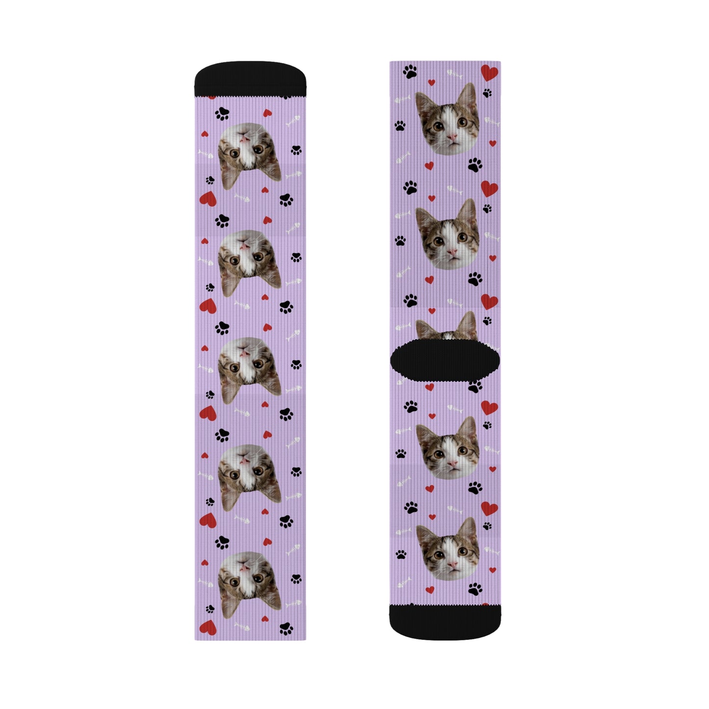 personalized cat picture socks in purple with paws, fish, and hearts