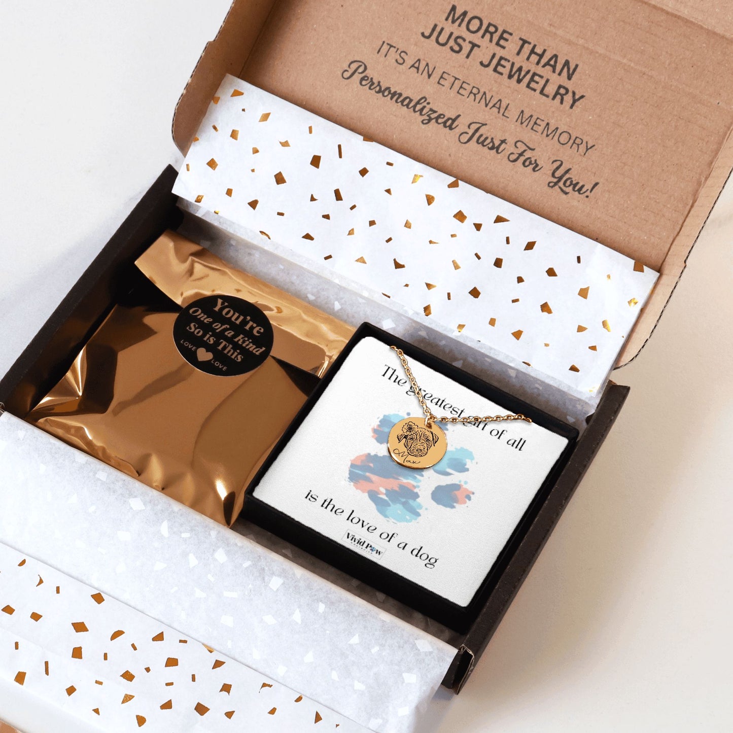 custom pet photo necklace in gold in gift box ready for gifting any pet lover