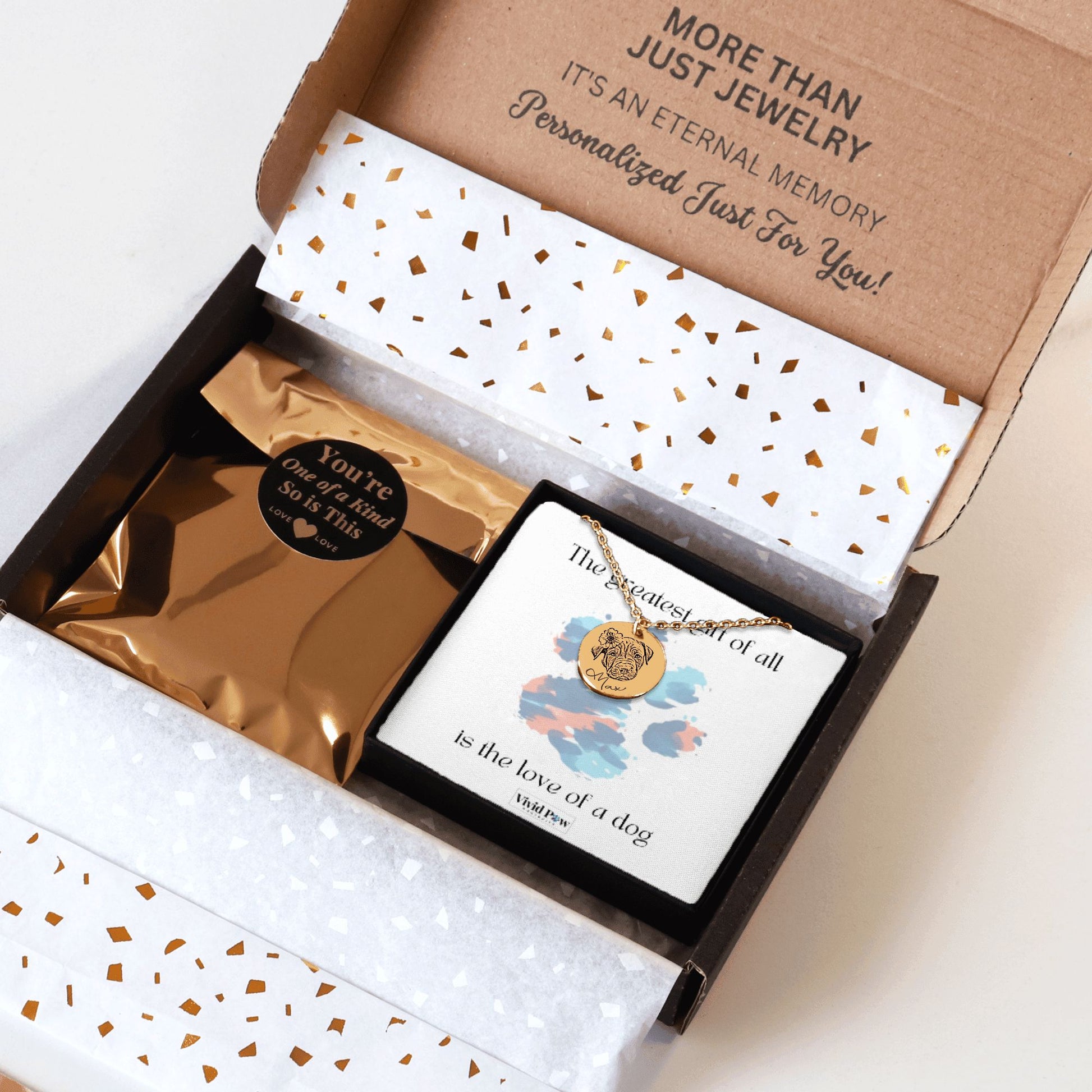 custom pet photo necklace in gold in gift box ready for gifting any pet lover