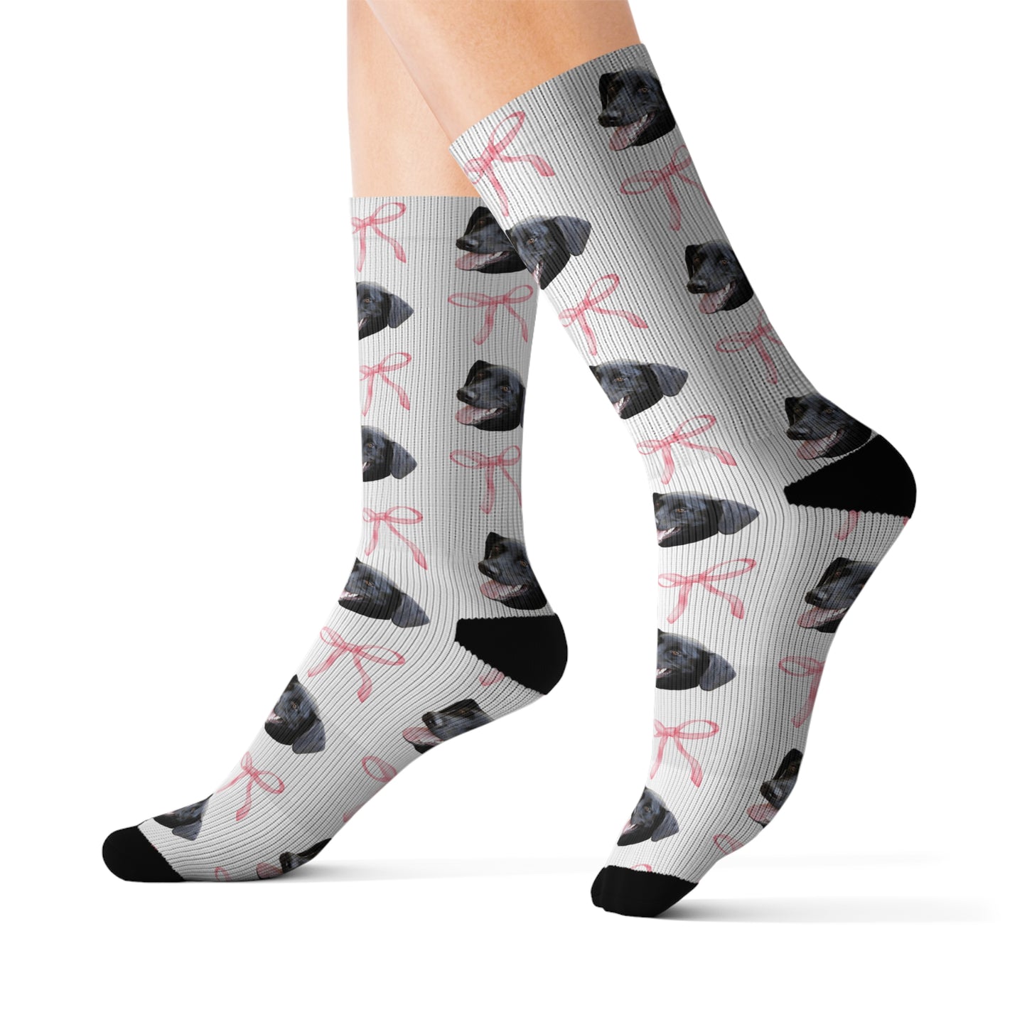 custom pet face socks in white with a dog on them and coquette pink bows