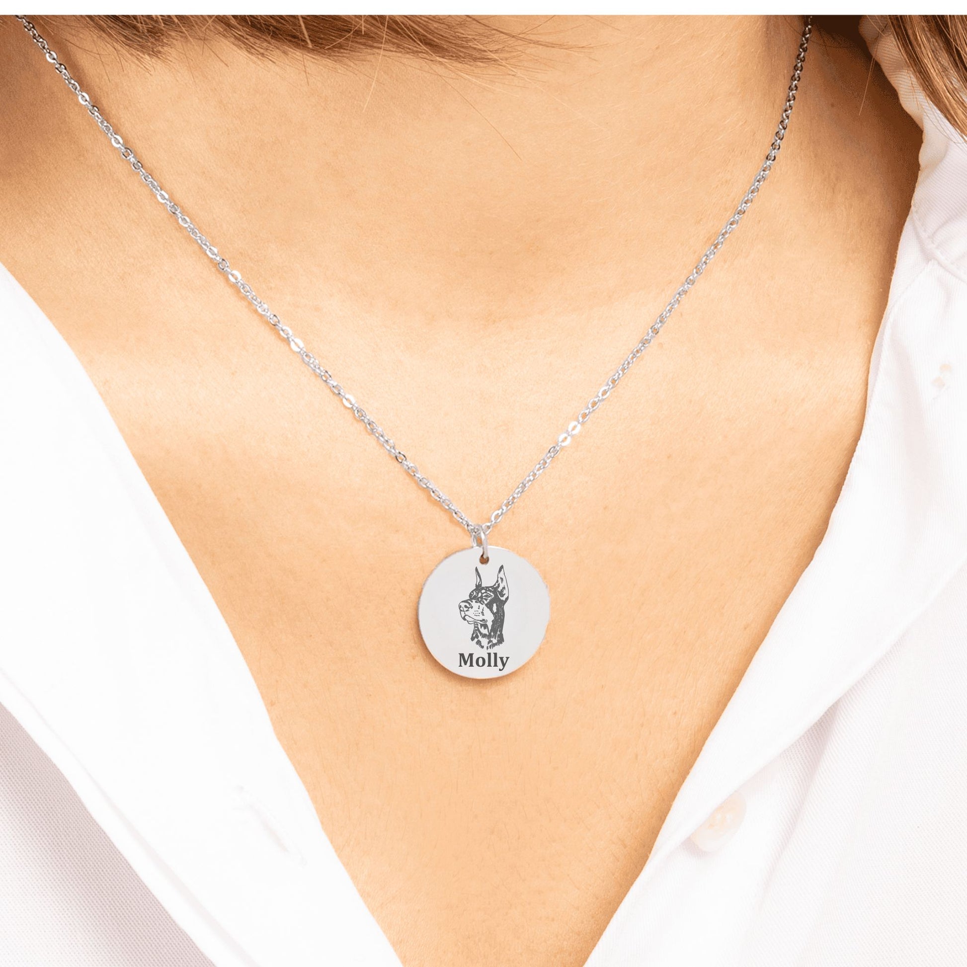 custom dog picture necklace in silver worn by a woman