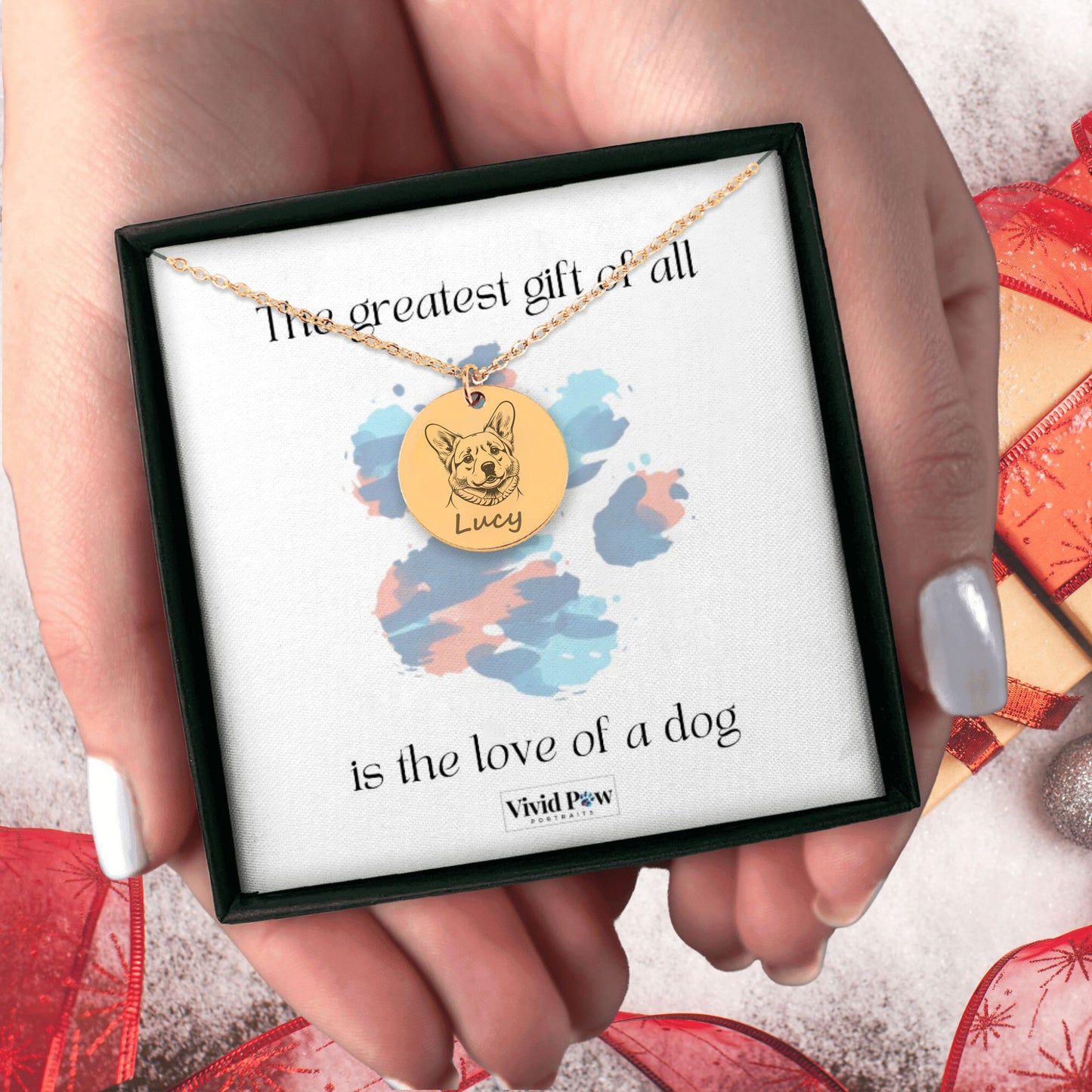 custom dog photo necklace in gold with special message gift box