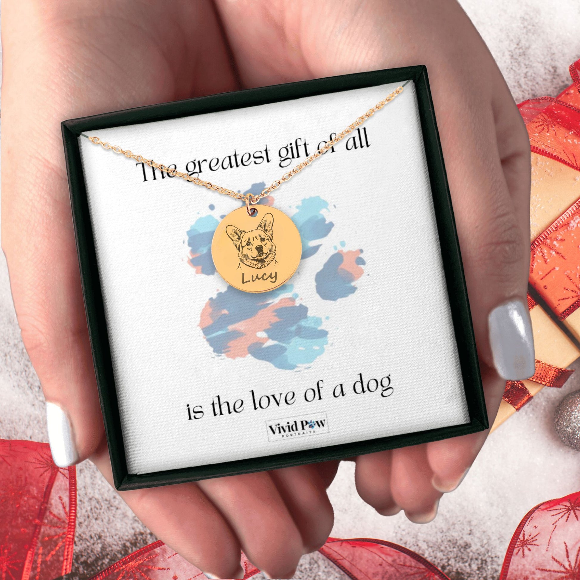 custom dog photo necklace in gold with special message gift box