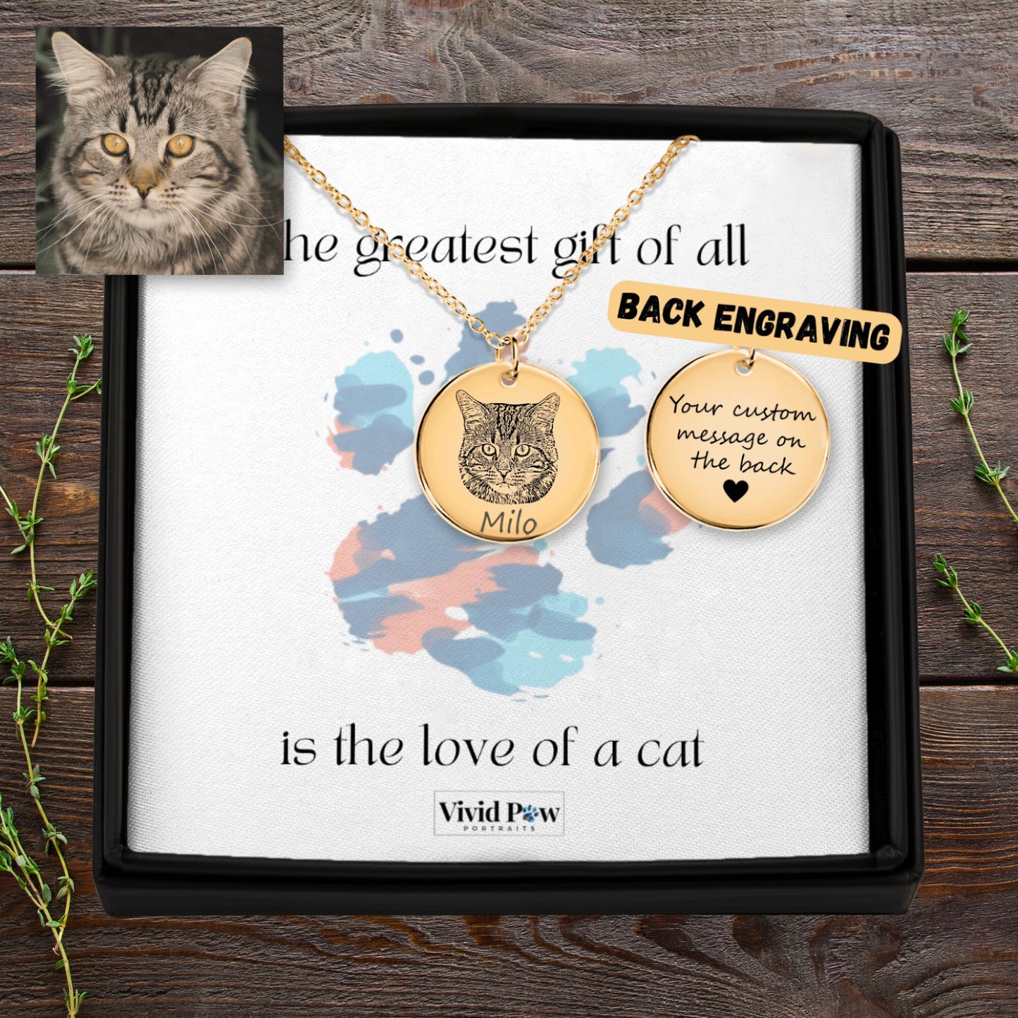 personalized cat picture necklace showing back engraving option
