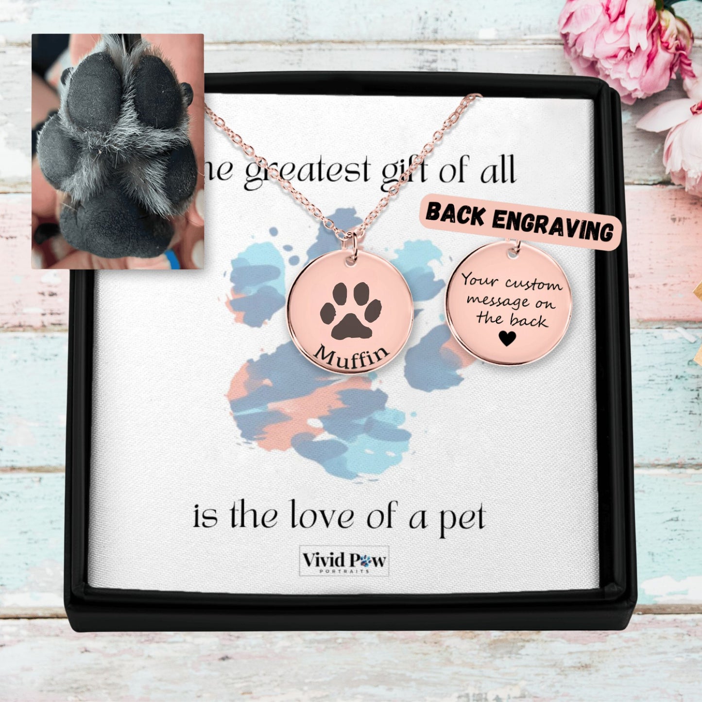 custom pet paw print necklace showing dog paw and optional back engraving