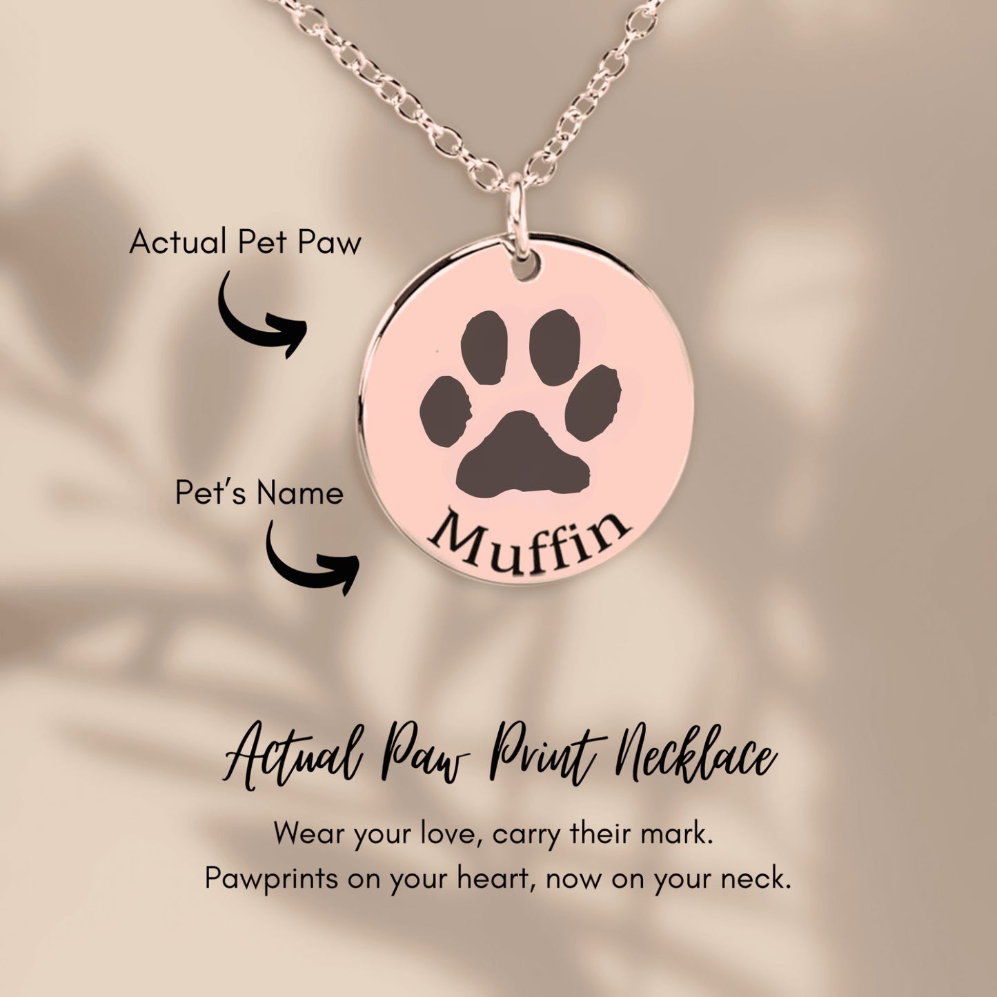 personalized pet paw print necklace in rose gold showing details
