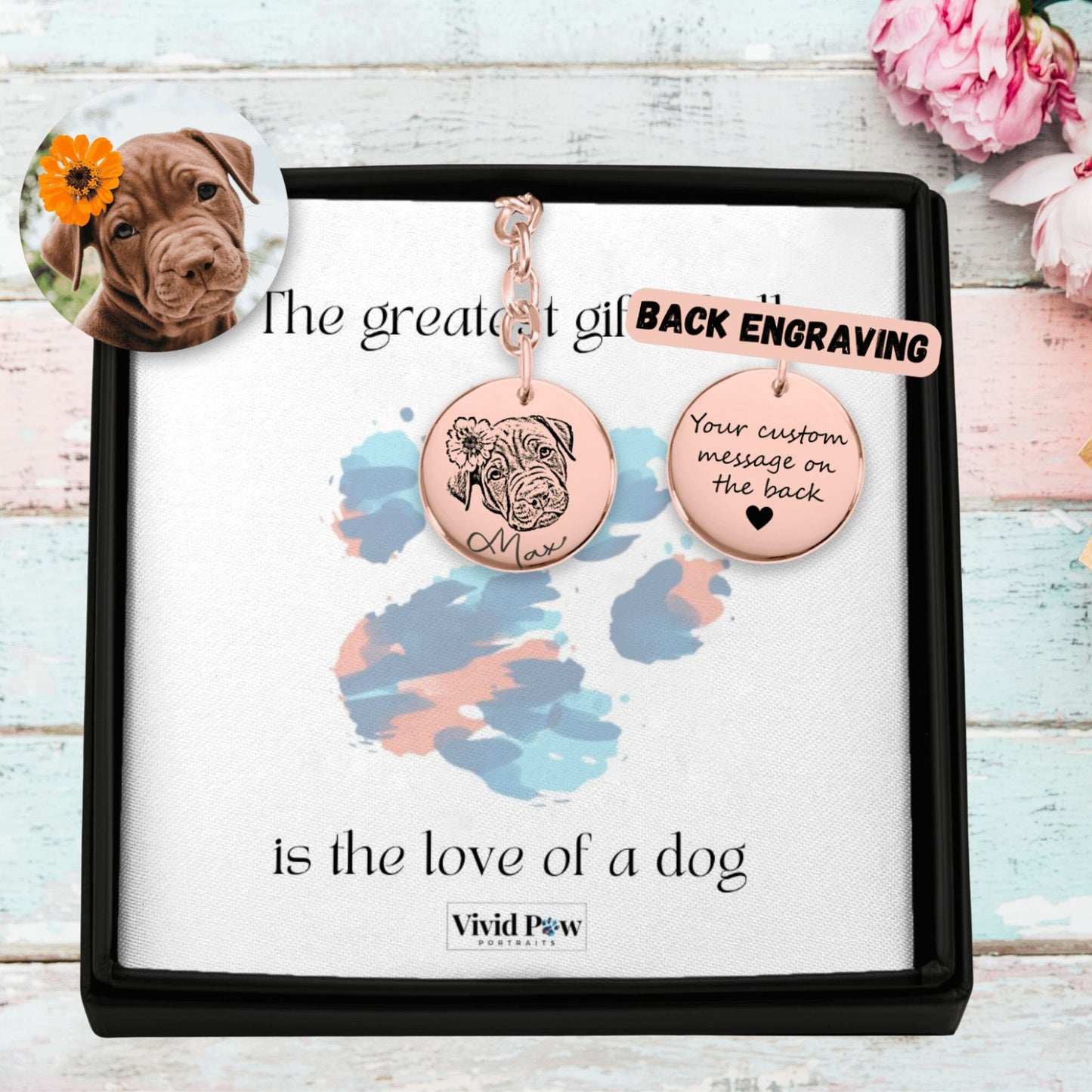 custom dog photo keychain in rose gold showing back engraving option