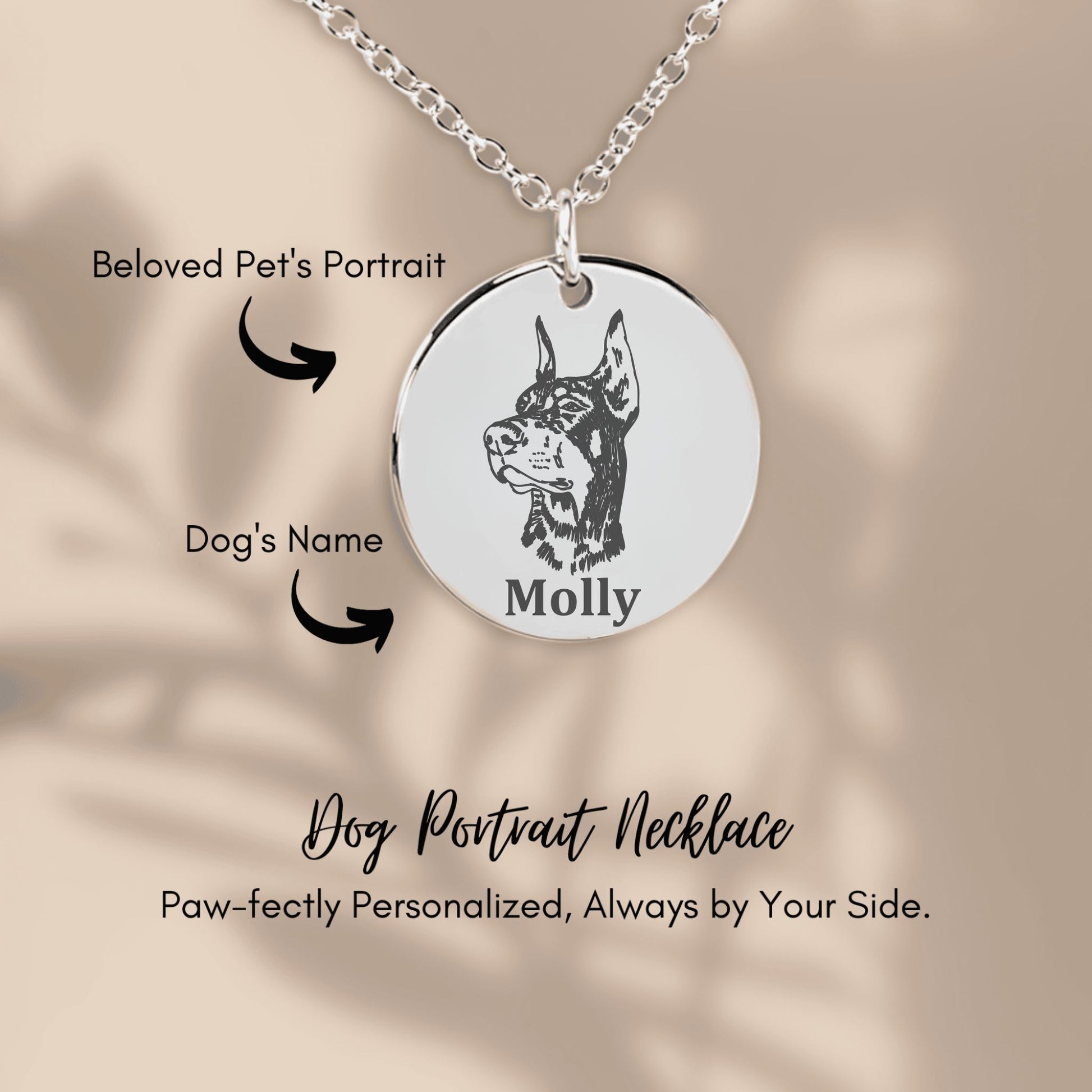 personalized pet photo necklace in silver showing details of necklace