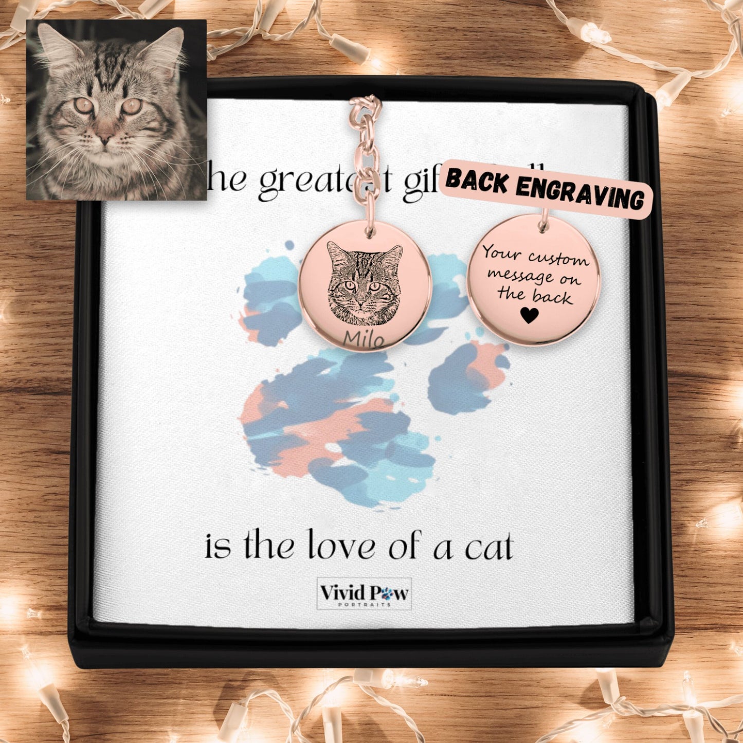 custom cat photo keychain in rose gold with back engraving option