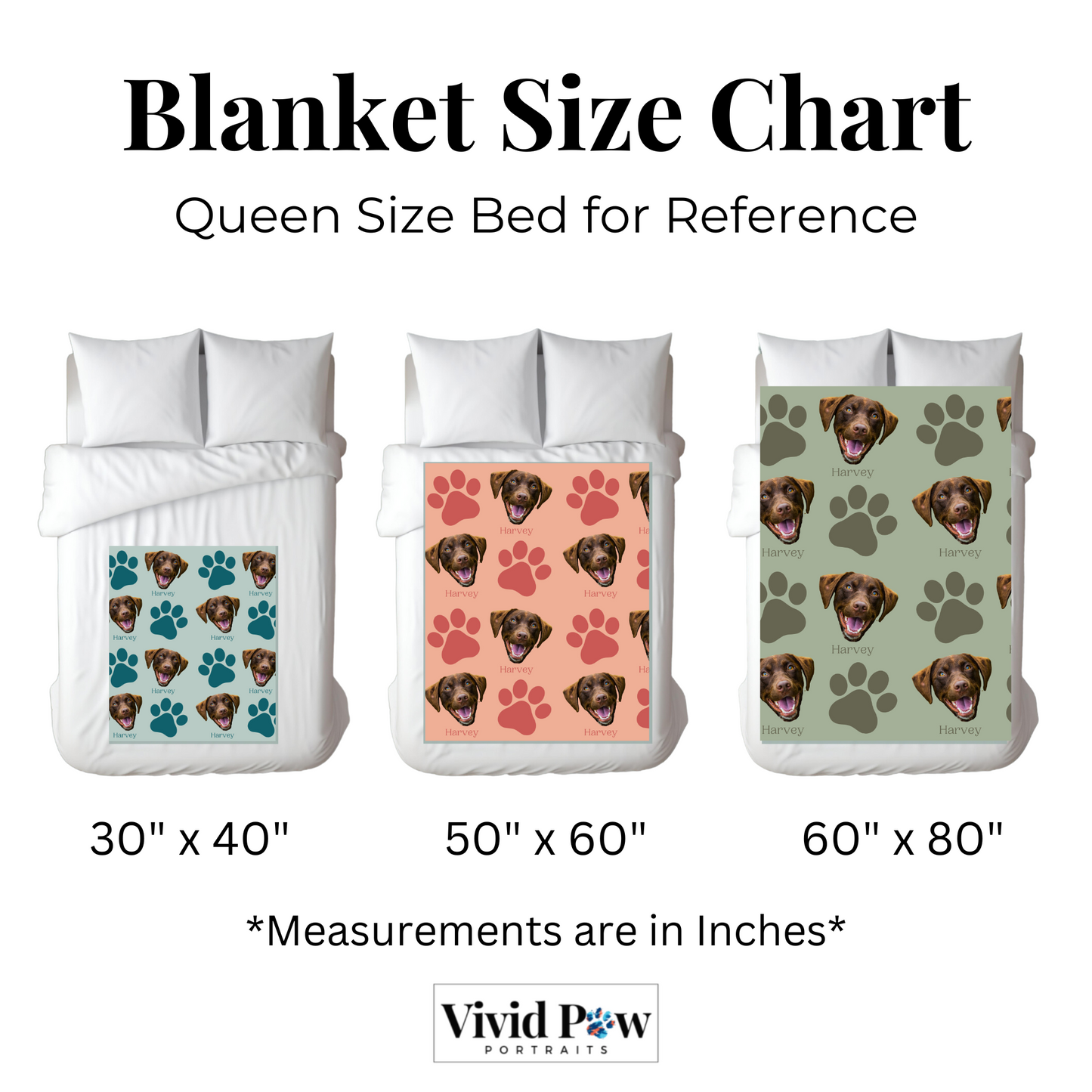 size chart for custom dog photo blankets