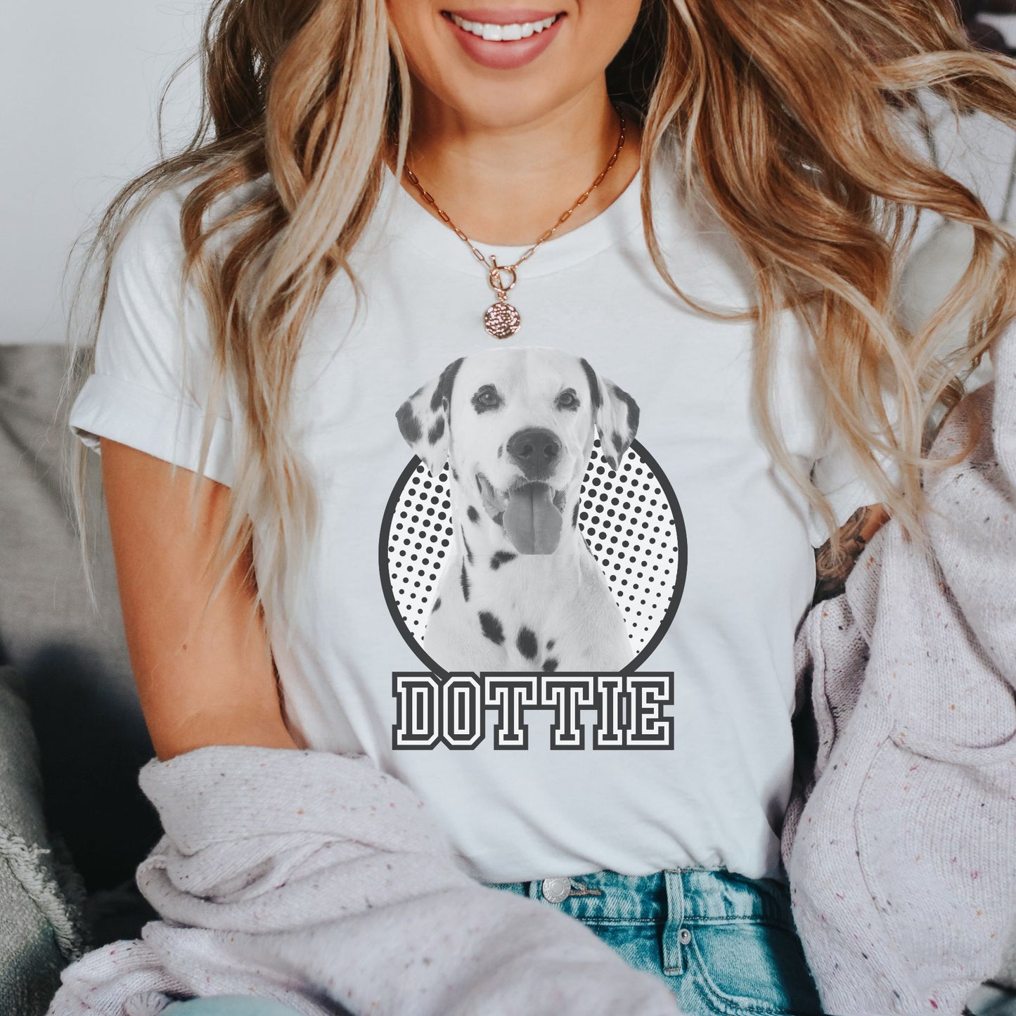woman wearing custom pet photo face tee and name black and white comic strip inspired shirt in white