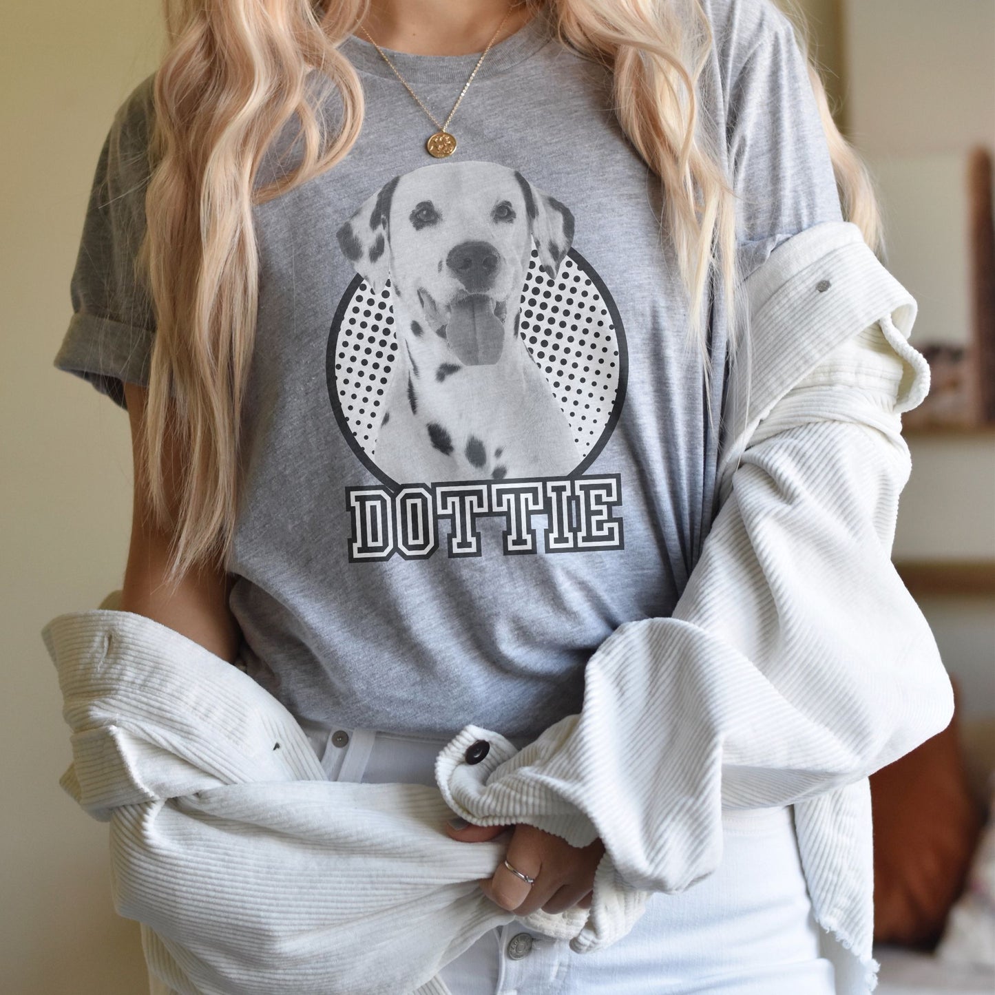 woman wearing pet picture and name t-shirt for pet parents in athletic heather gray