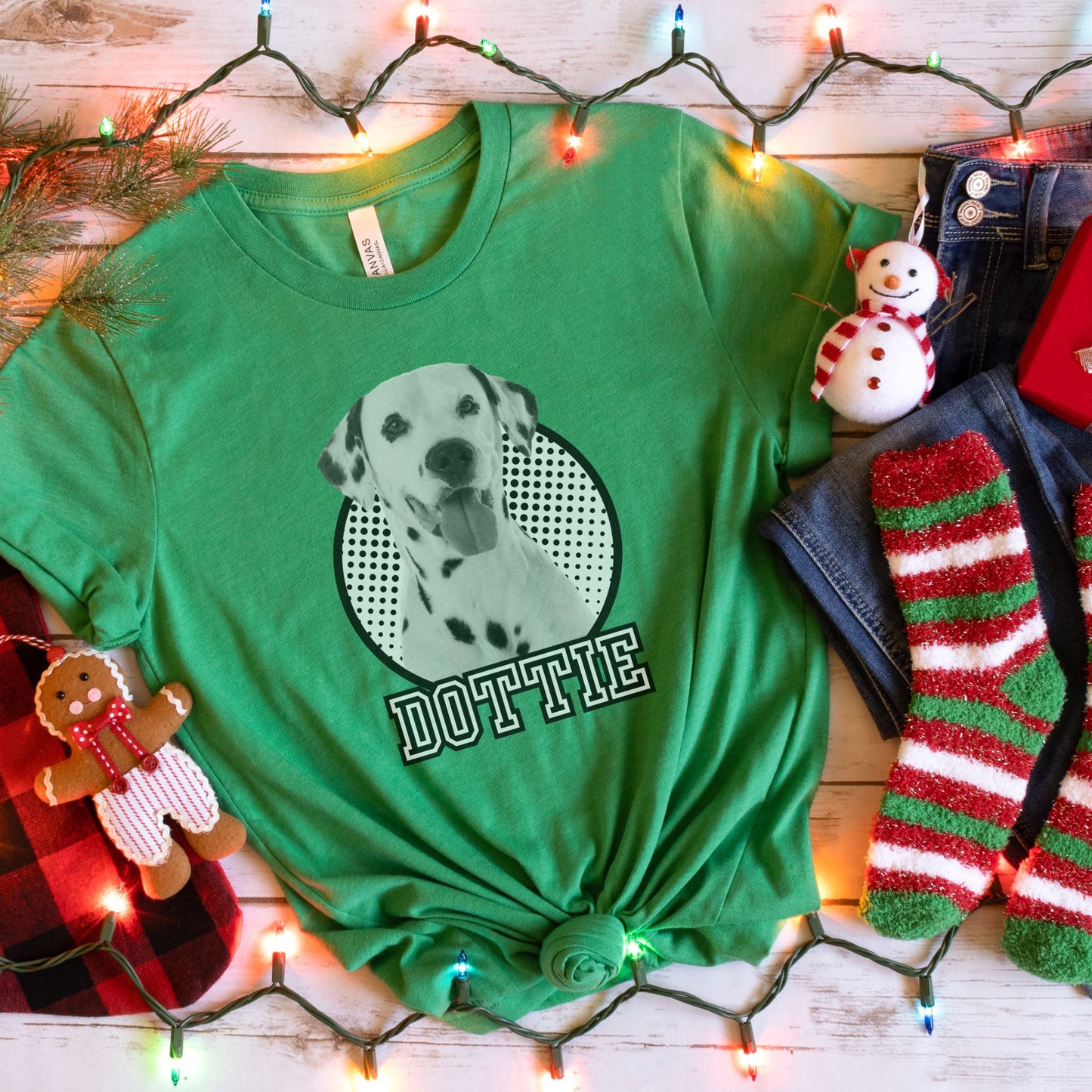 comic inspired black and white personalized pet picture and name tshirt in green