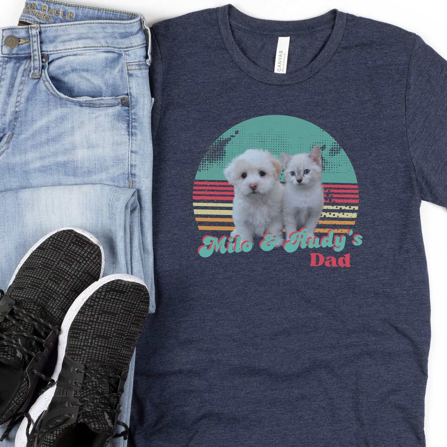 bright retro vibes custom pet picture and name tshirt in navy