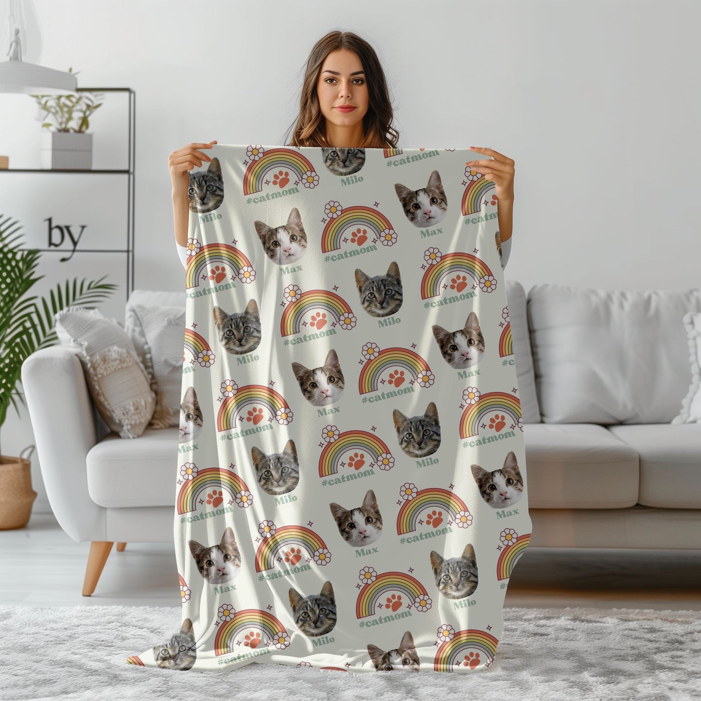 woman holding cat mom custom cat picture blanket in ivory