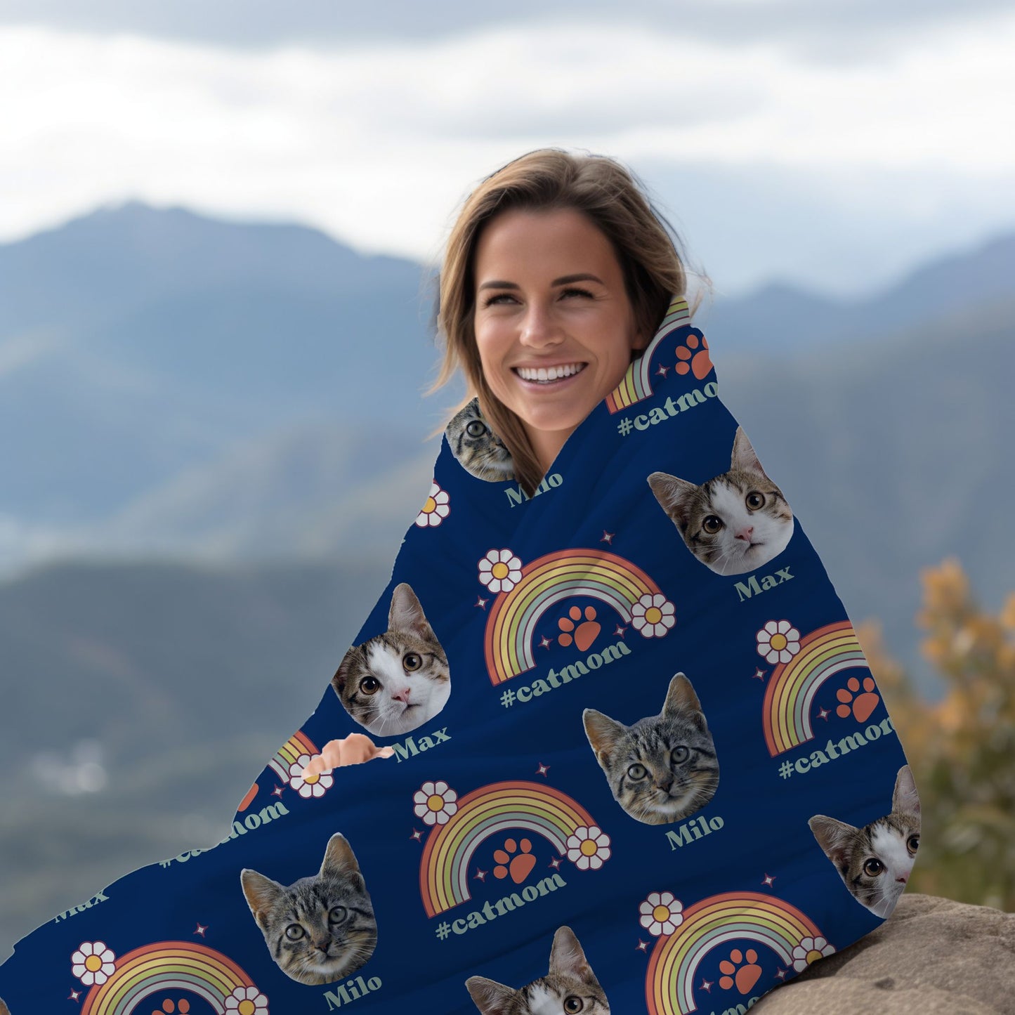 woman wrapped in custom cat mom retro rainbow cat photo blanket in navy