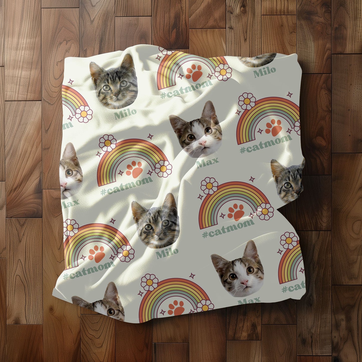 custom cat photo and name retro rainbow blanket for cat moms in ivory