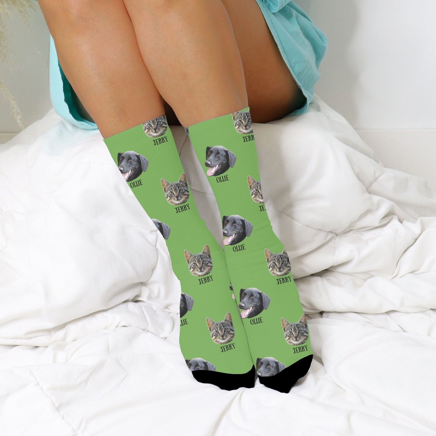 personalized pet photo socks with dog and cat in green