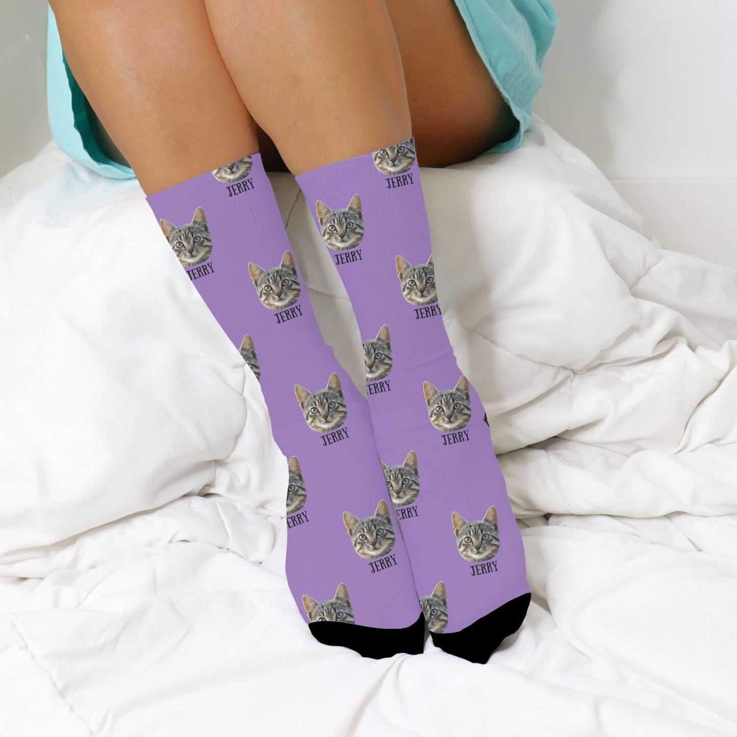 personalized cat picture socks in purple