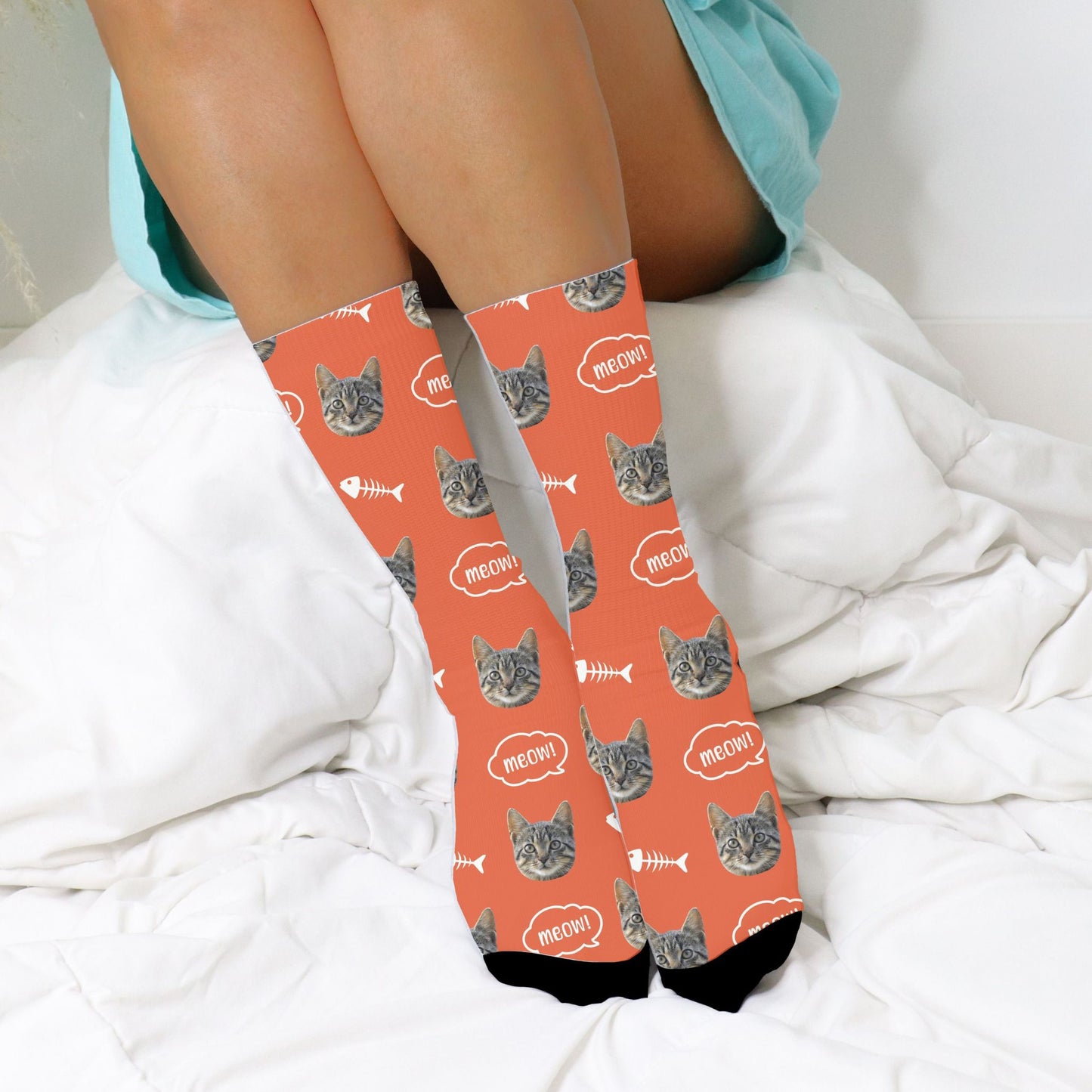 custom cat face photo socks in tangerine