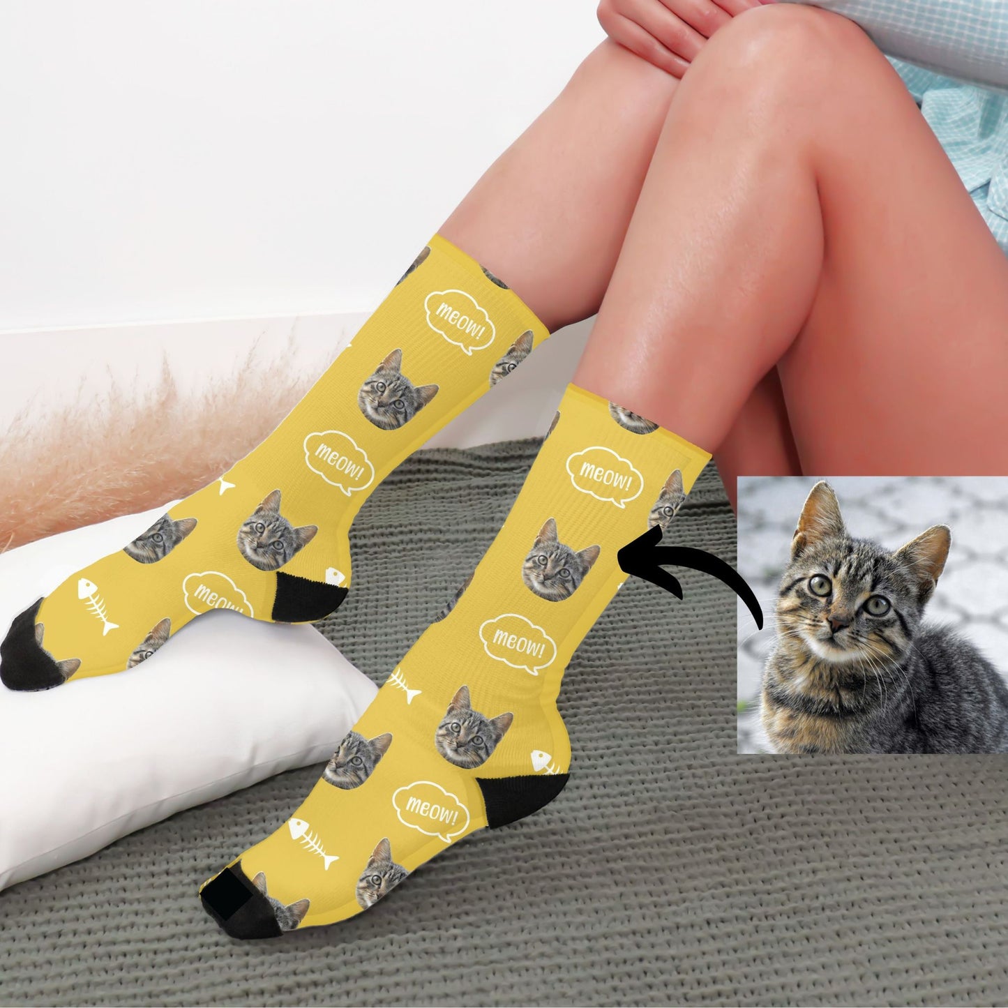 custom cat photo socks for pet parents in marigold