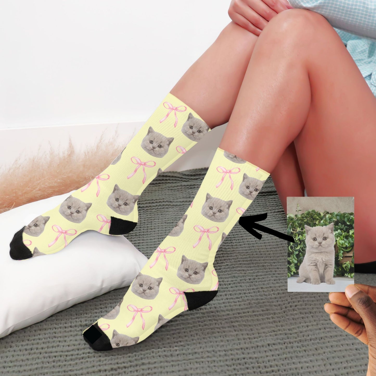 coquette pink bow pet photo socks with a cat face in soft yellow