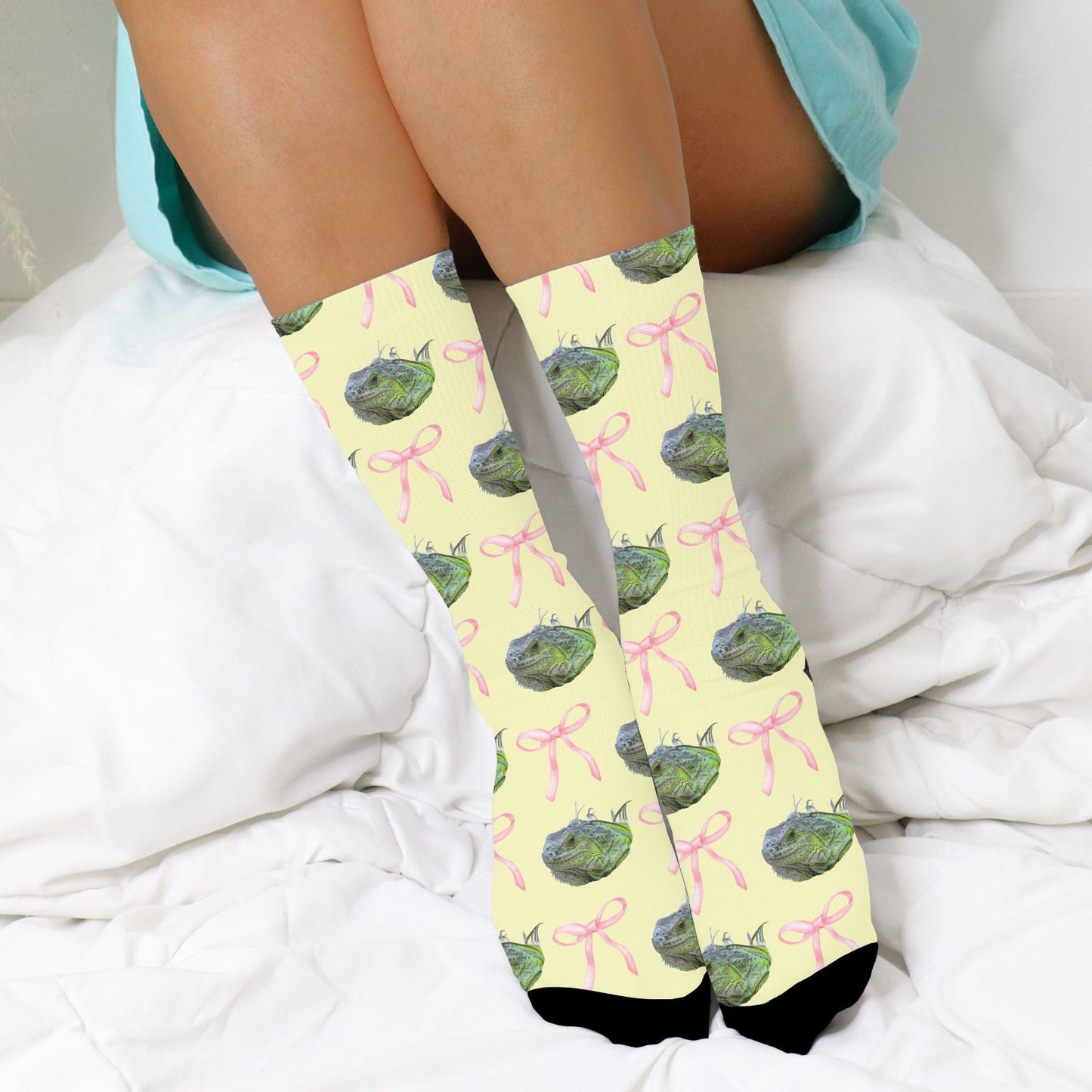 custom pet photo socks with pink coquette bows and an iguana on them in soft yellow