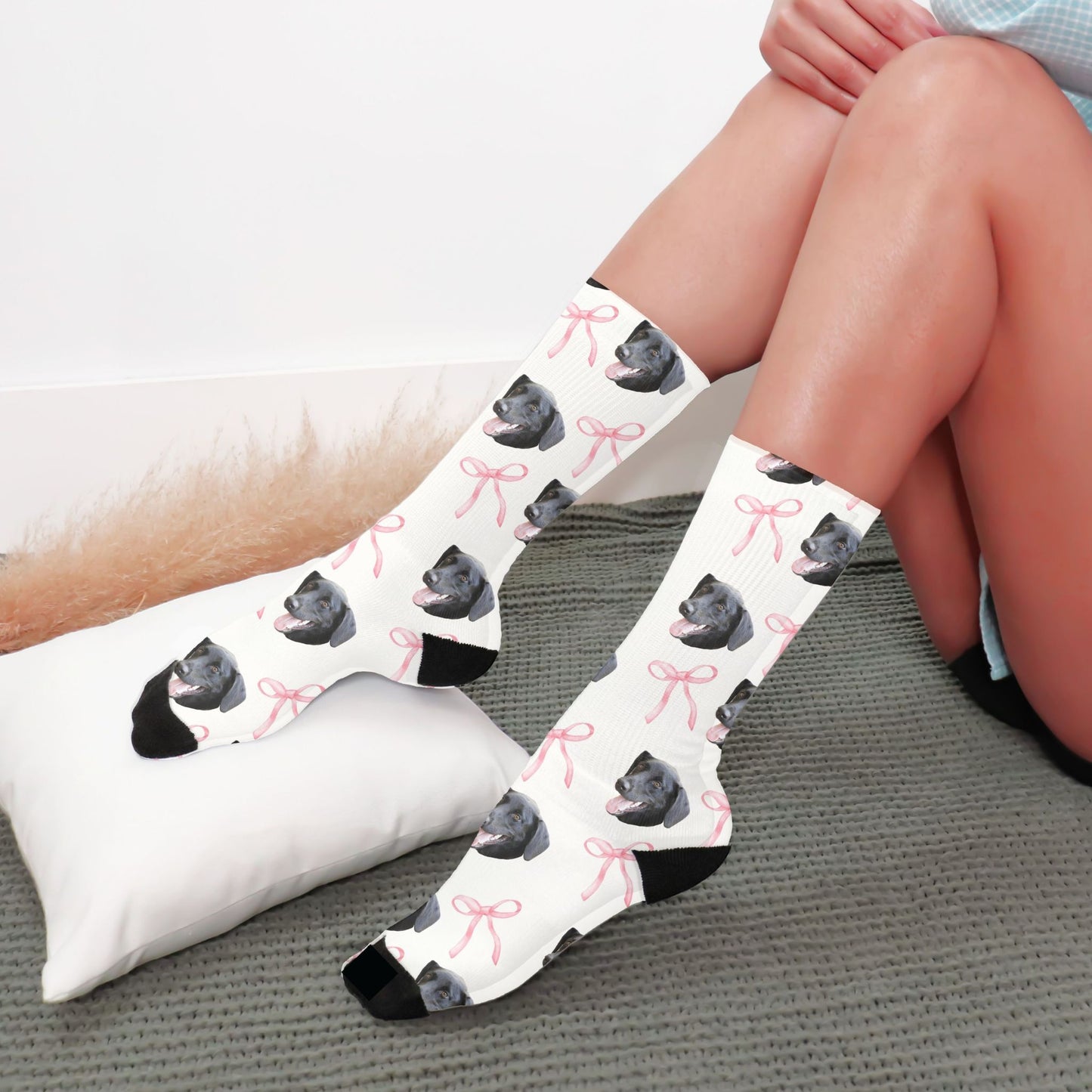 custom pet photo socks with a dog on them in white with coquette bows