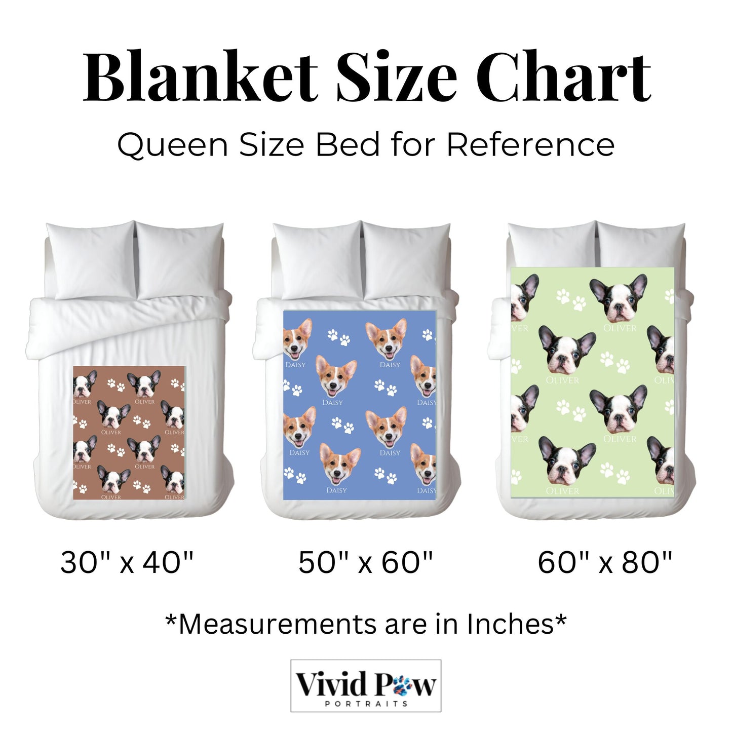 size chart for personalized dog picture blanket for dog lovers