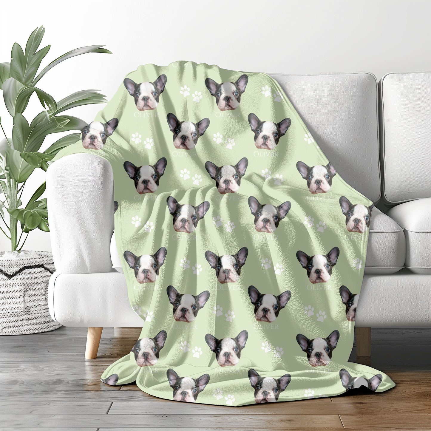 personalized dog picture blanket in lime cream