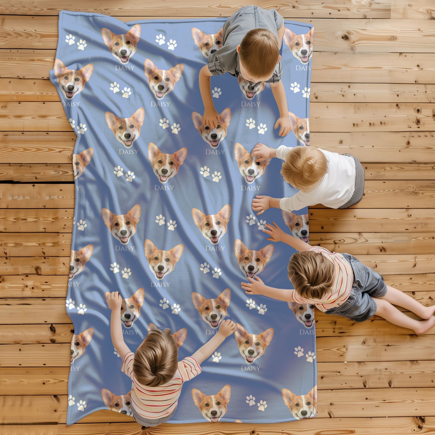 personalized dog face blanket in cornflower with kids playing