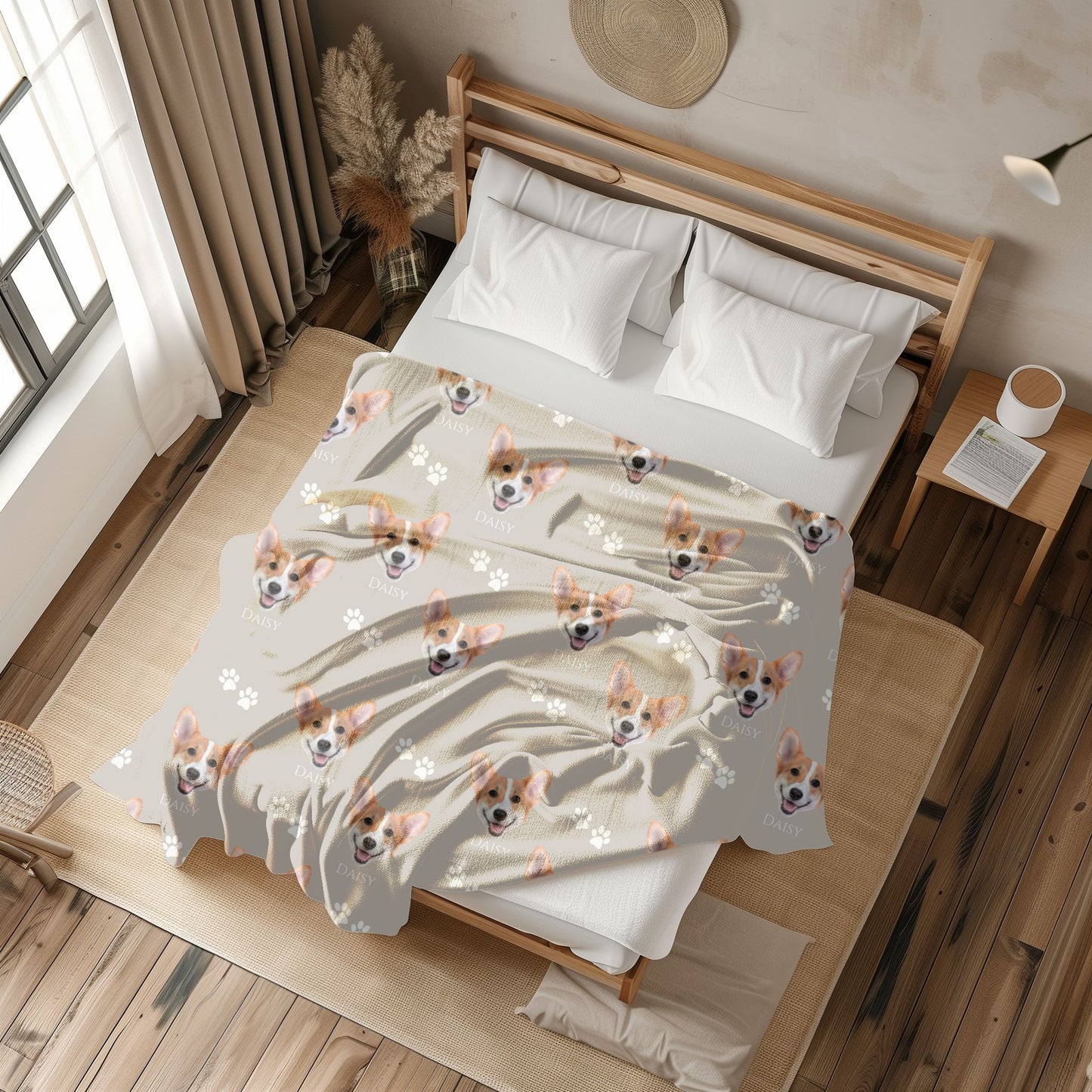 personalized dog photo and name blanket in moonbeam on a bed