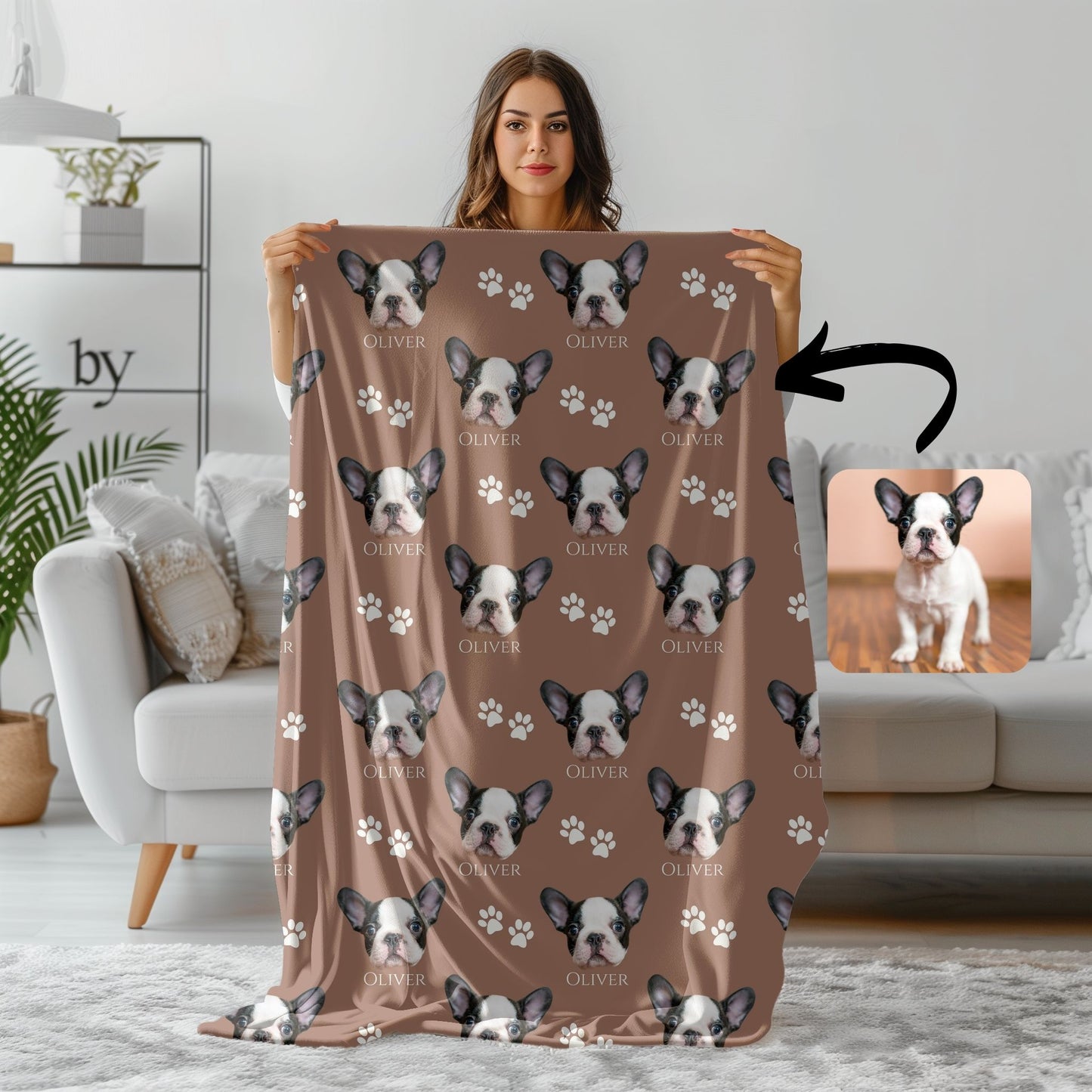 personalized dog photo blanket in mocha mousse