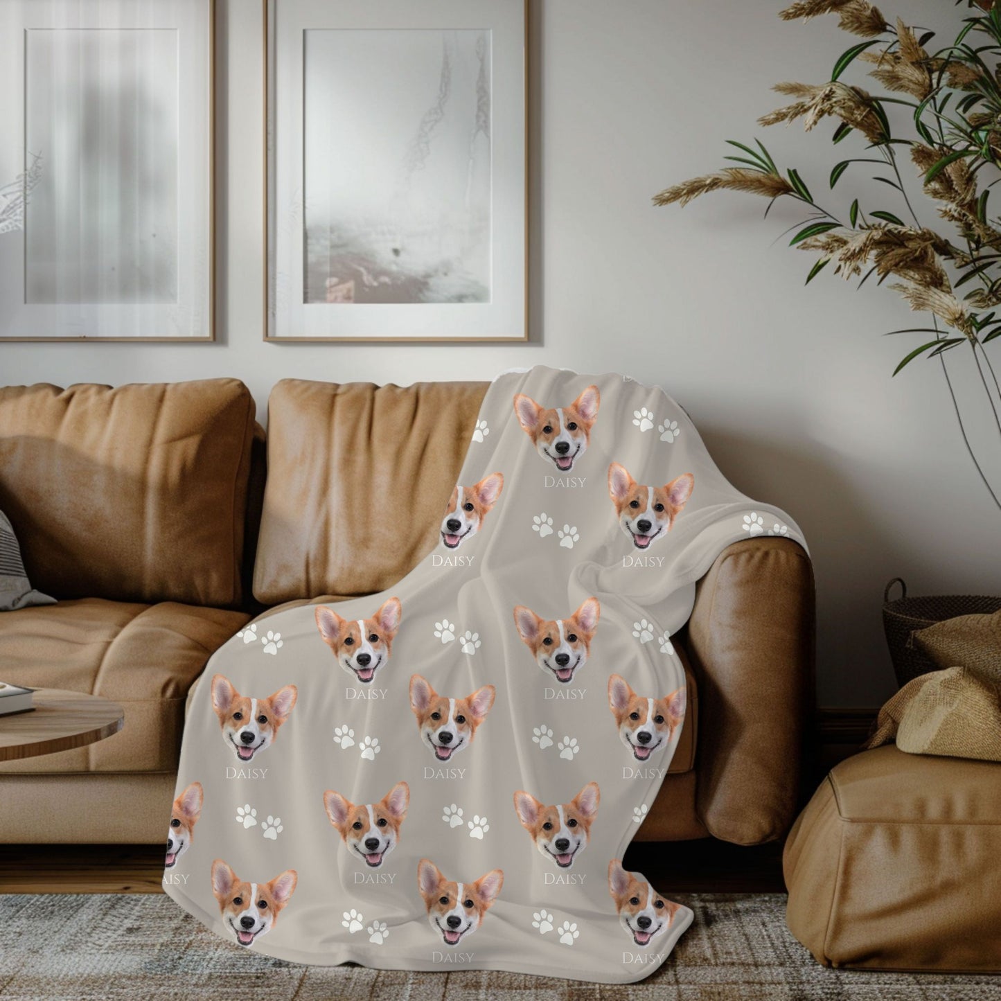 personalized dog photo blanket for dog lovers in moonbeam on a sofa