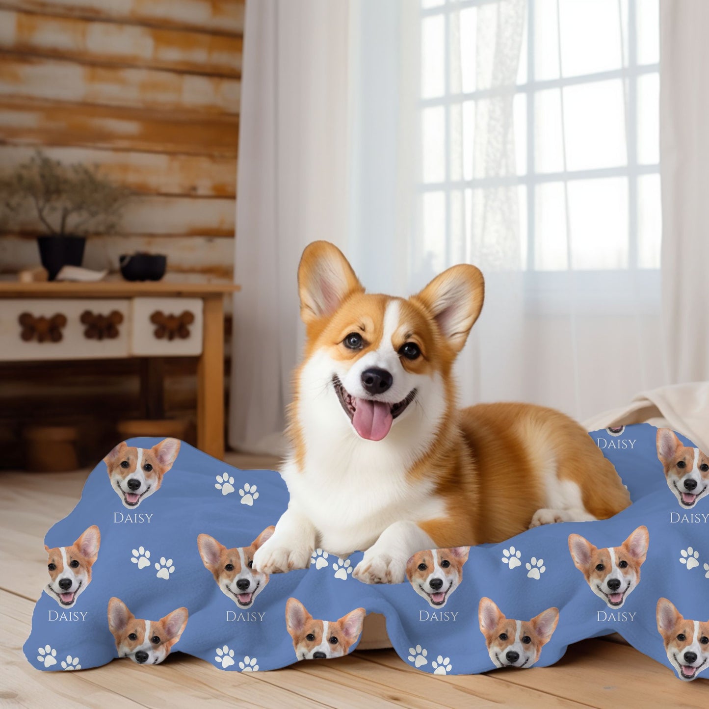a corgy laying on his personalized dog photo blanket in cornflower