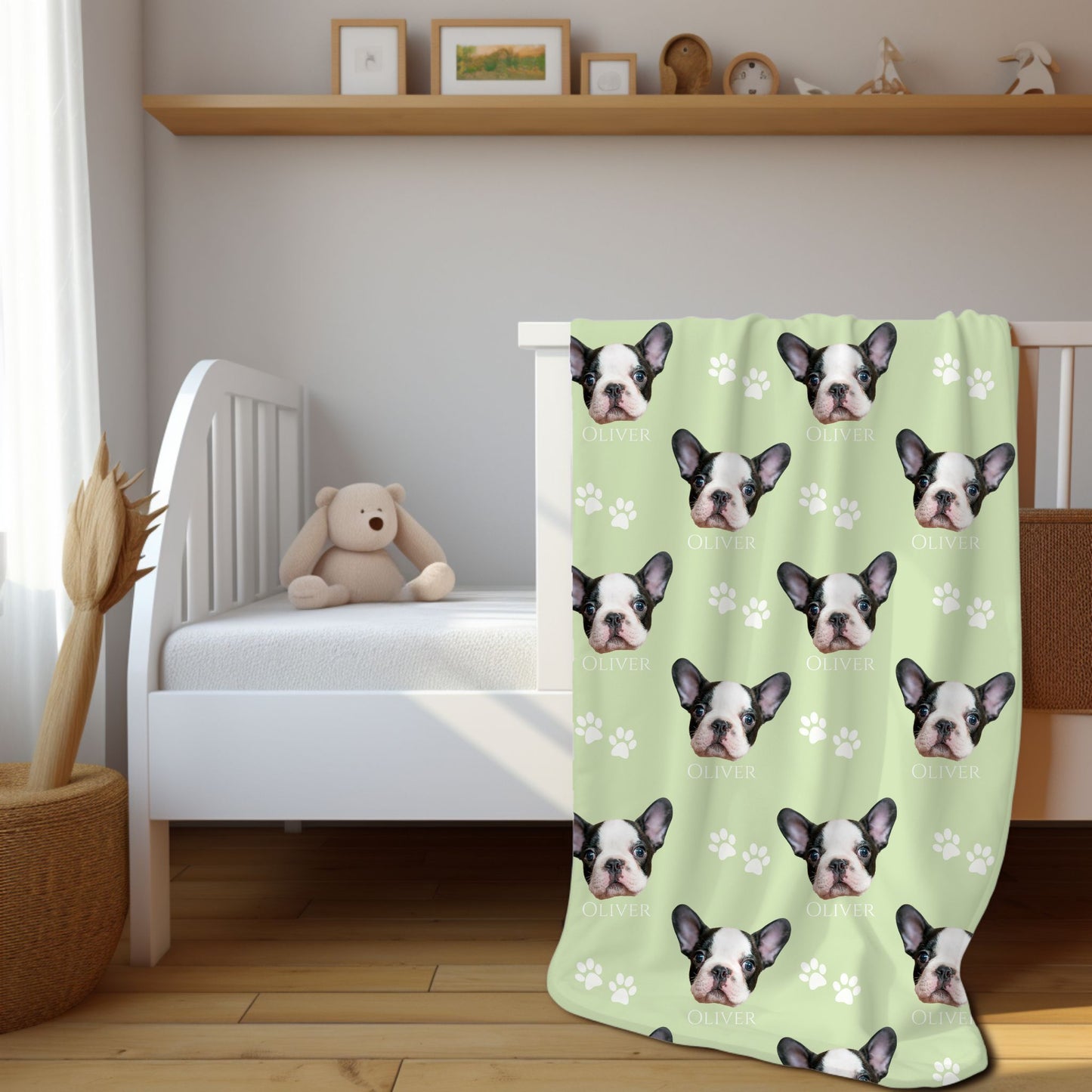 custom dog photo and name blanket in lime cream on a child's bed