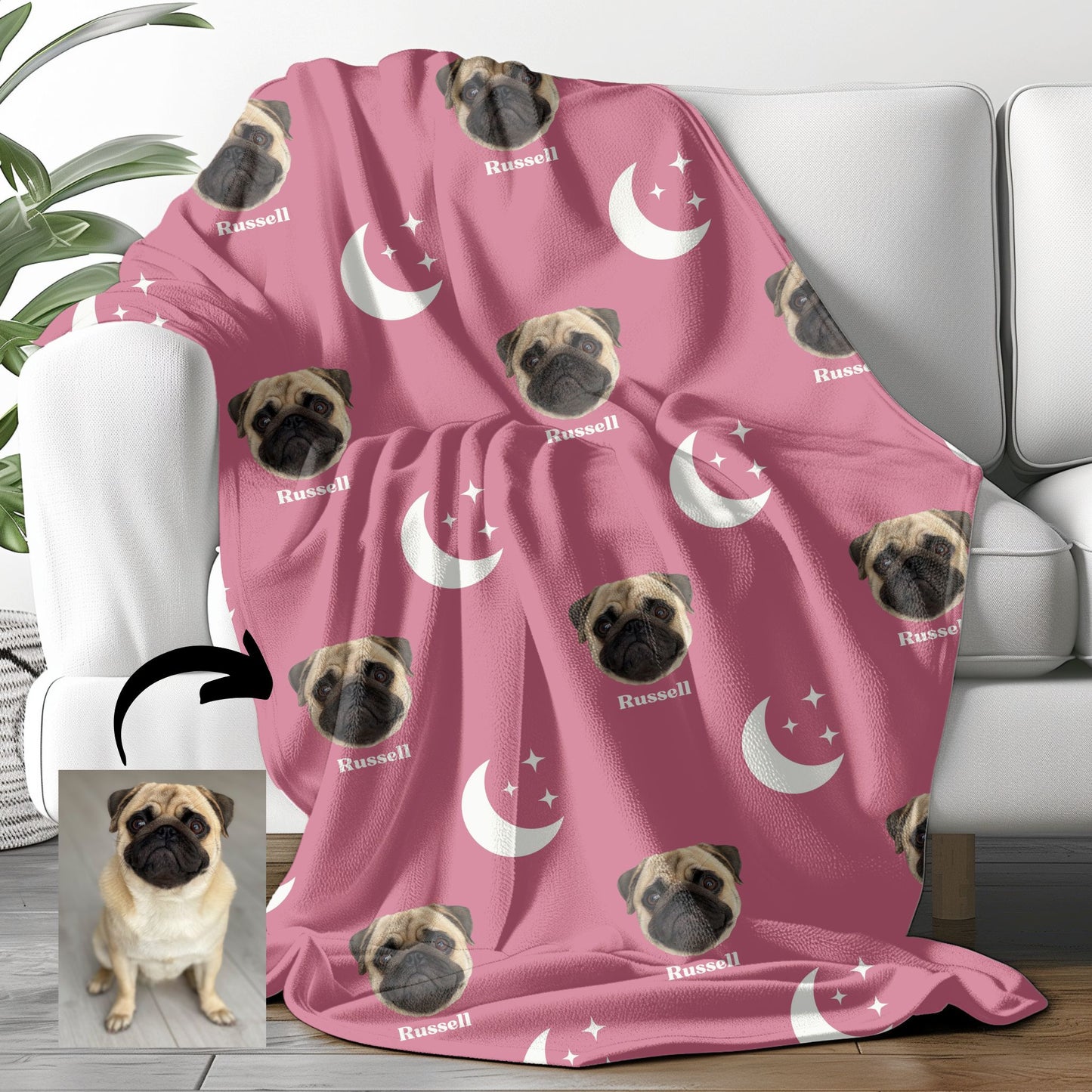 cosmic pet photo blanket in dragon fruit draped over a couch with a pug on it