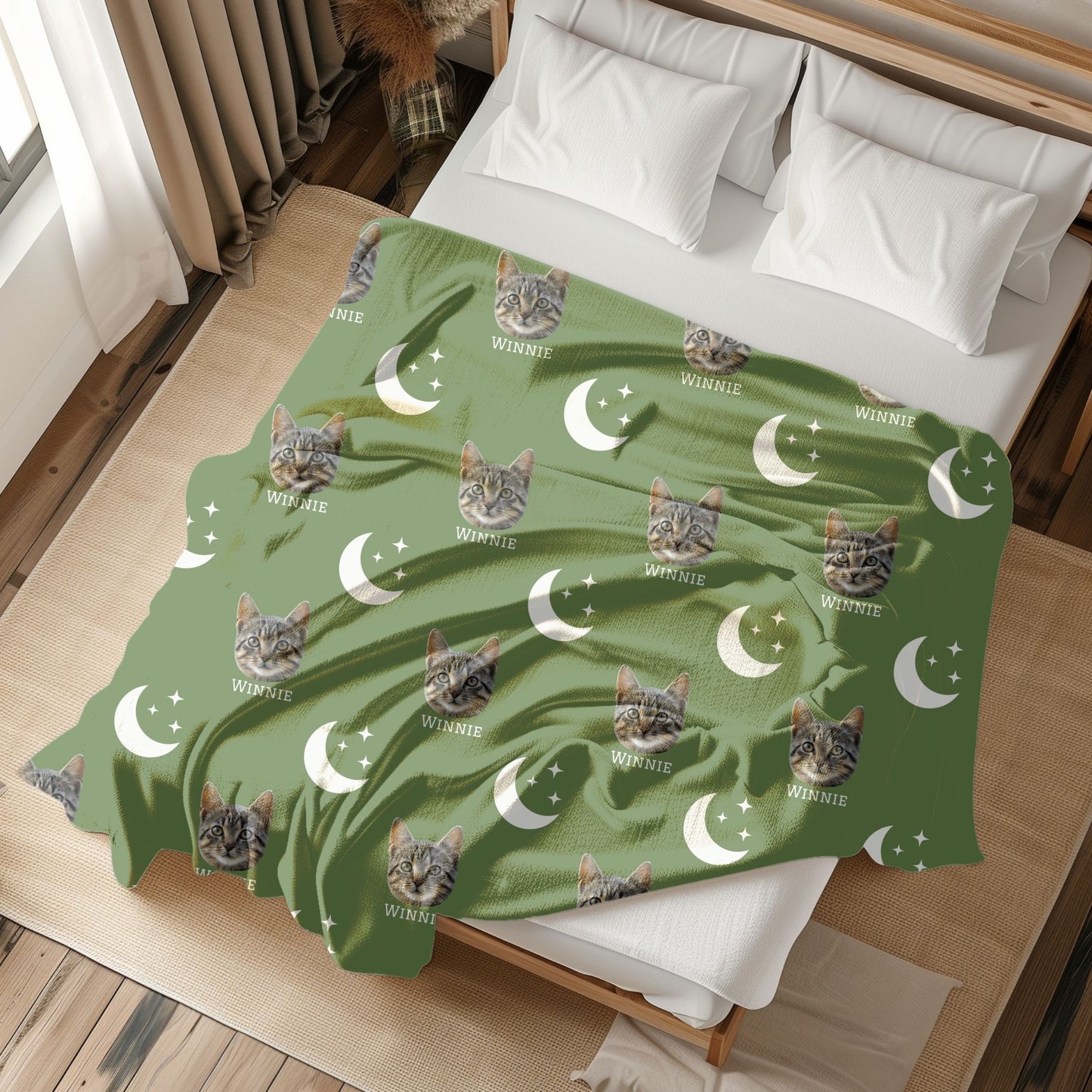 personalized pet photo blanket in palm on a bed with a cat on it