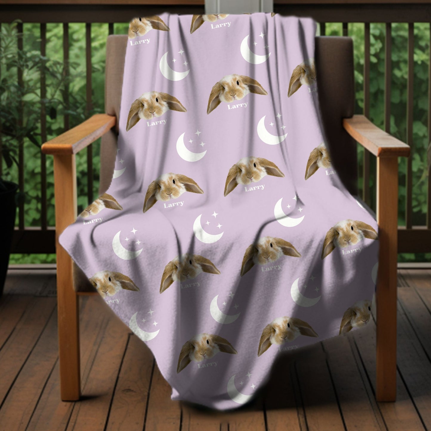 celestial personalized pet photo blanket in lilac with a bunny on it draped on a chair