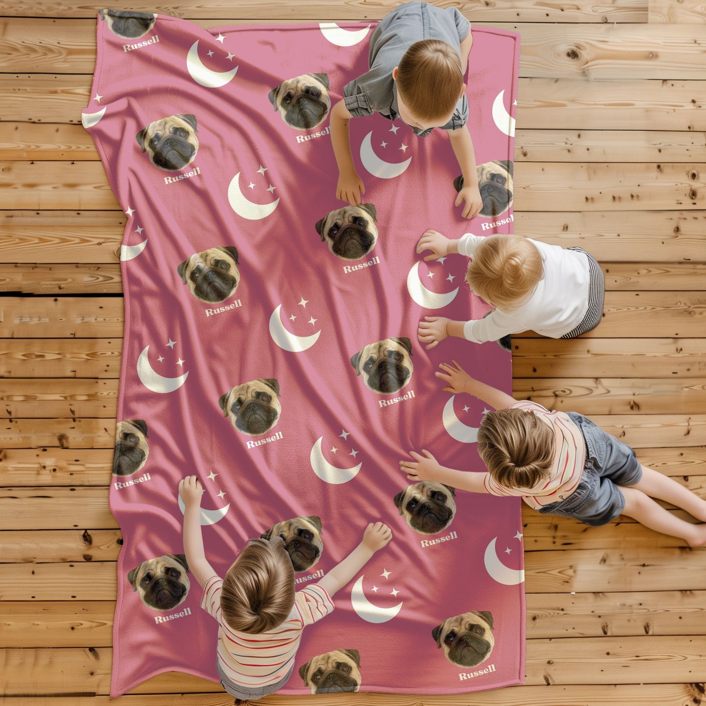 children playing on custom pet photo personalized blanket in dragon fruit with a dog on it