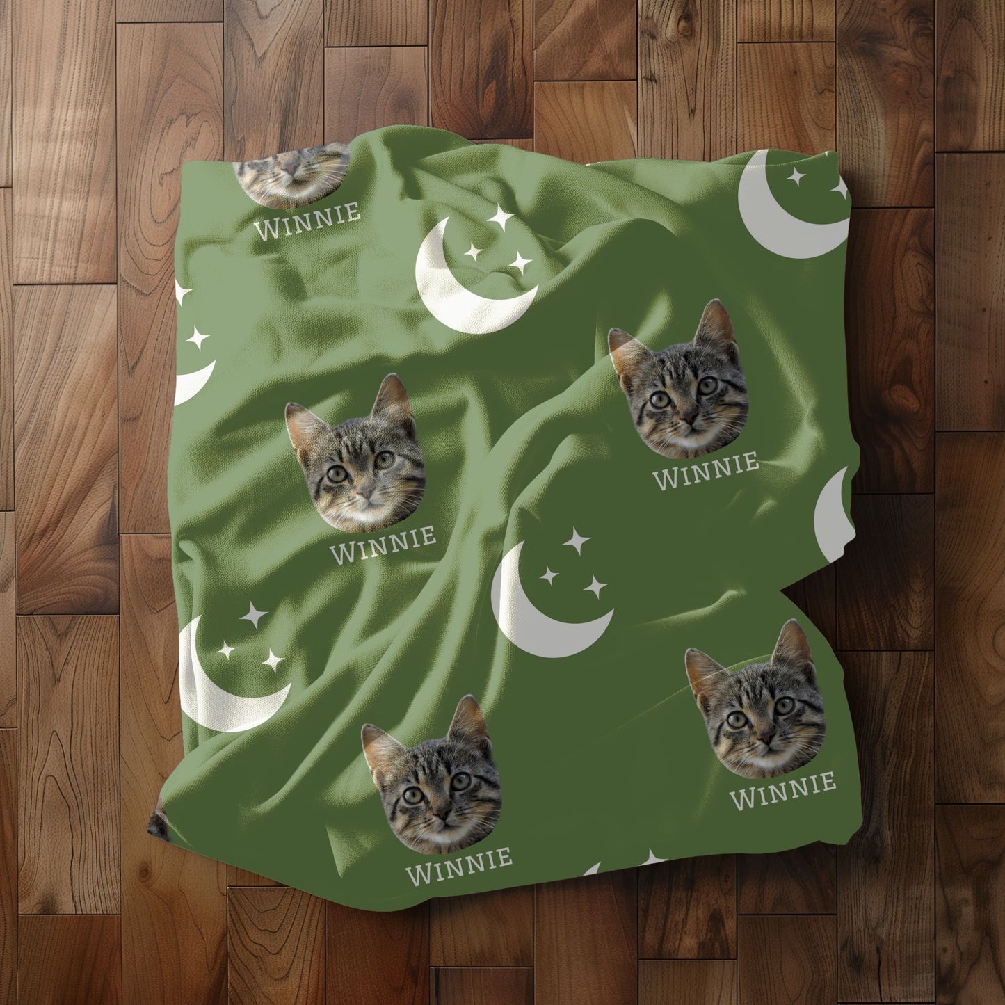 custom pet photo personalized blanket with a cat on it in palm folded up