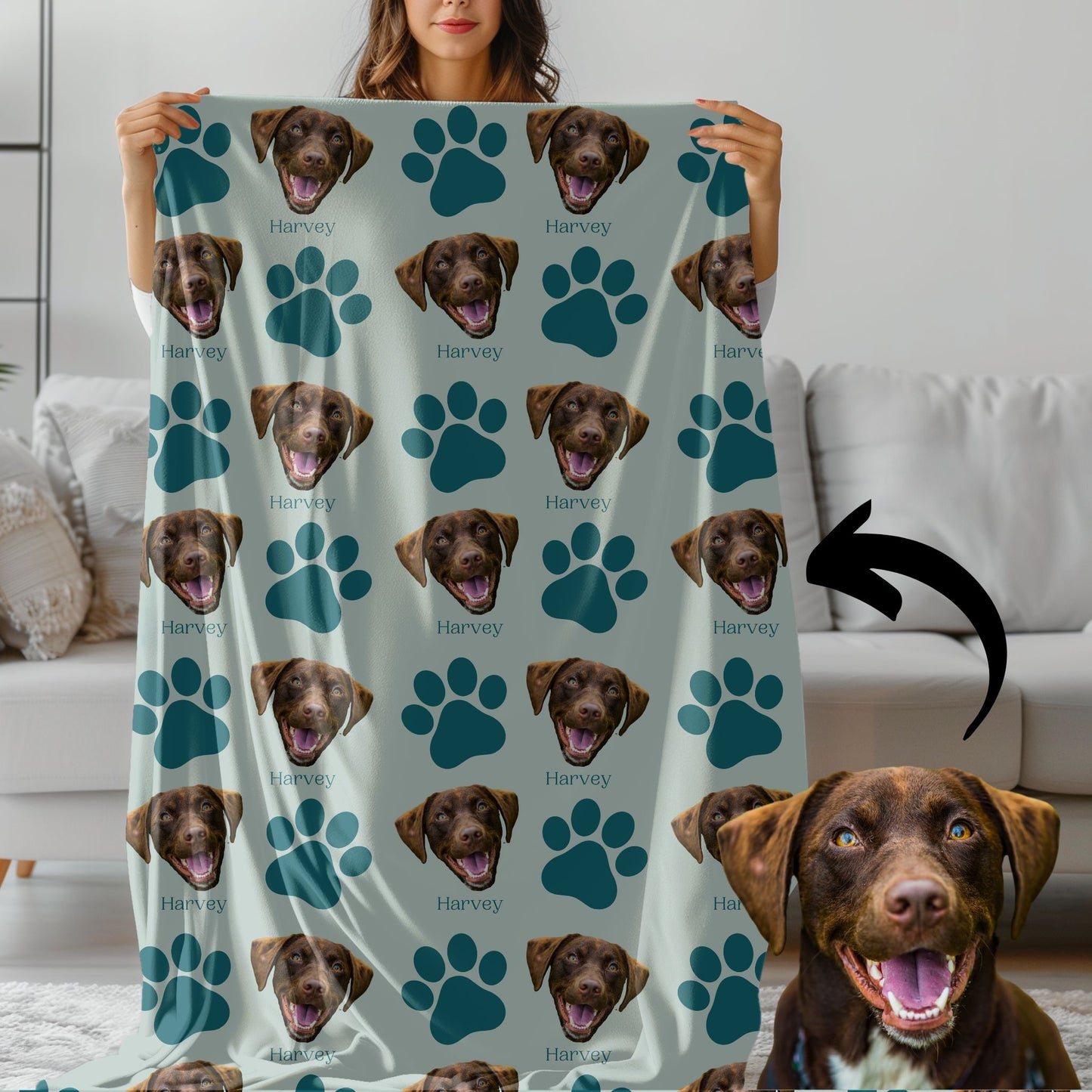 Custom dog photo blanket in mint/ocean held by a woman