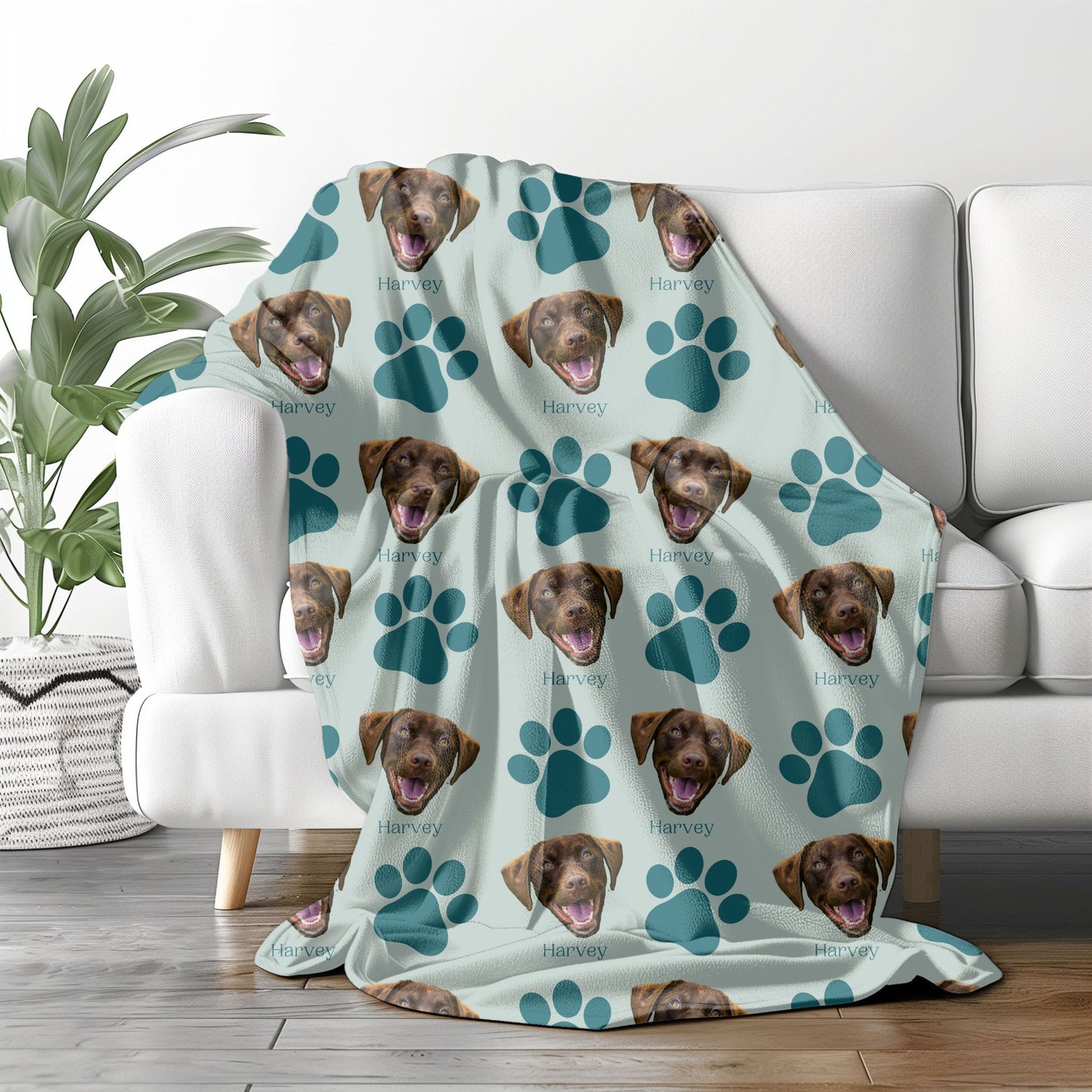 custom dog face picture blanket in mint/ocean on a sofa