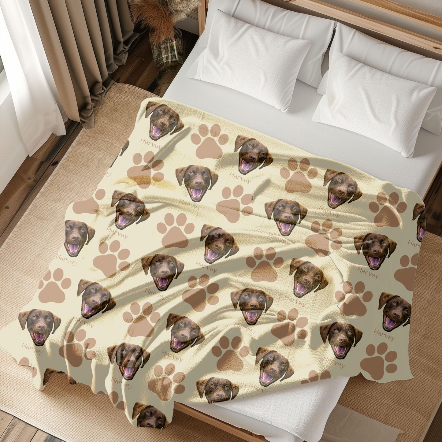 personalized dog portrait blanket in sand/camel on a bed