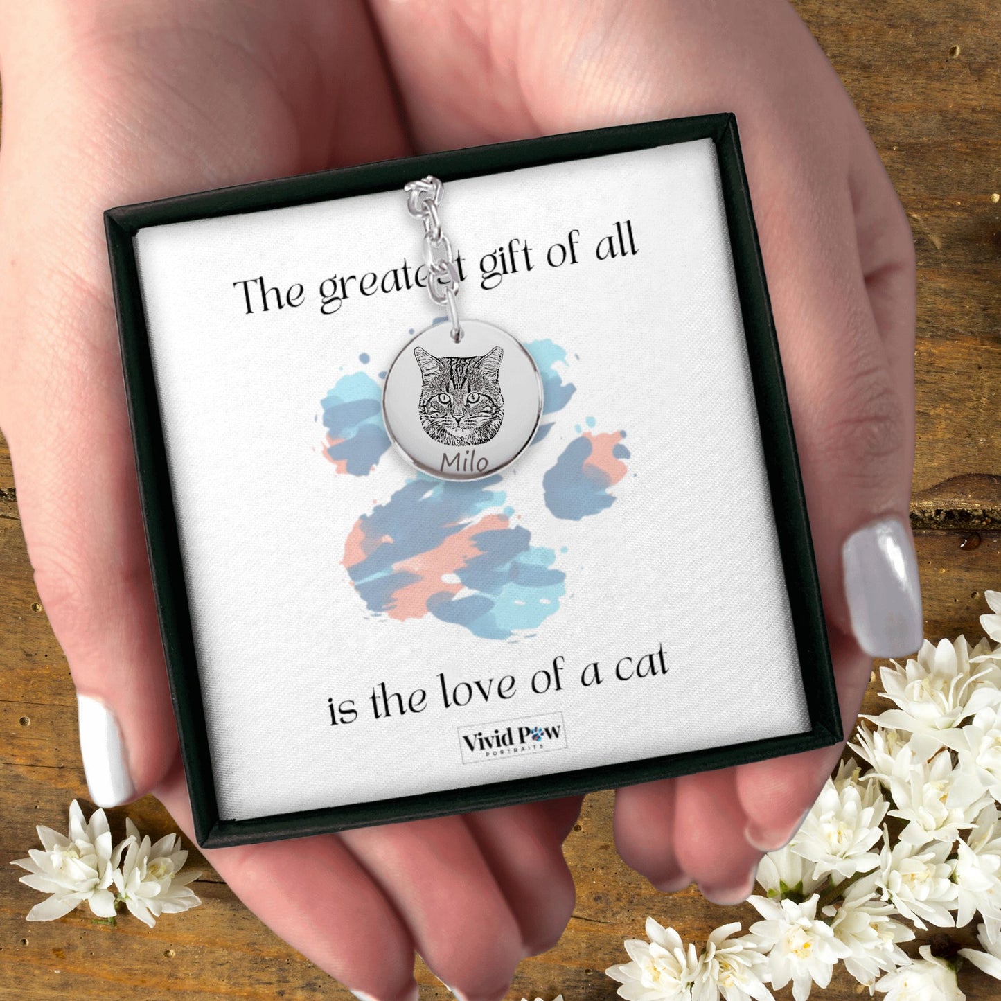 custom cat photo keychain in silver