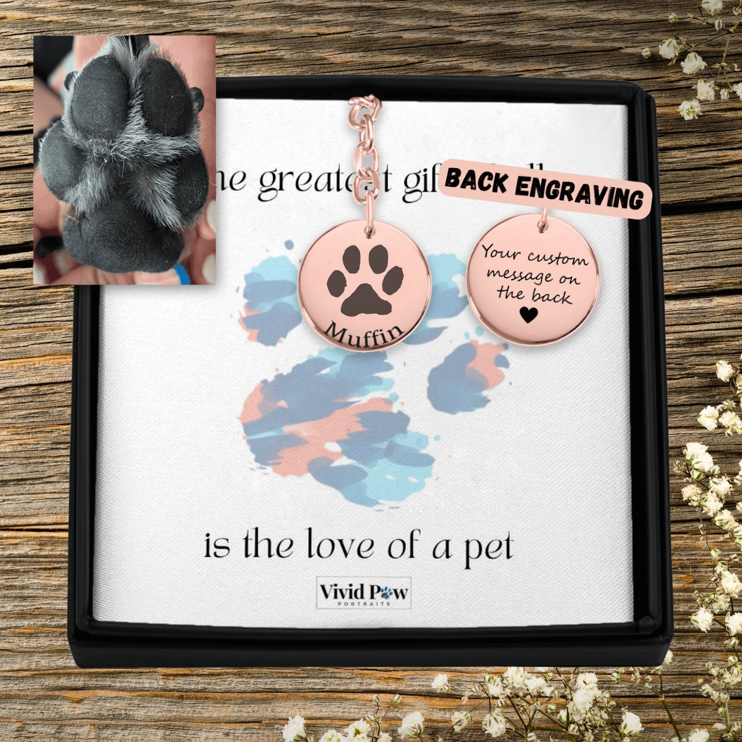 custom pet paw print keychain in rose gold showing back engraving option
