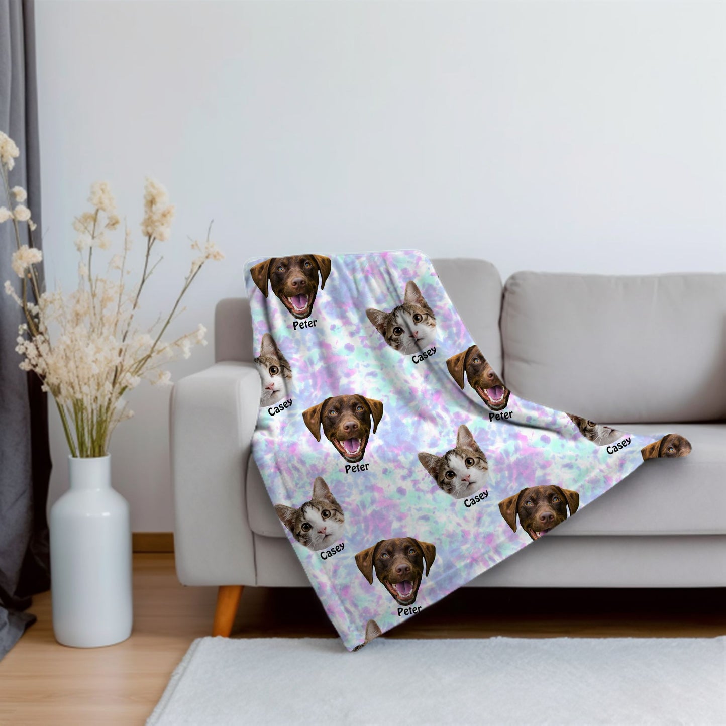 custom pet face and name tie dye blanket on couch