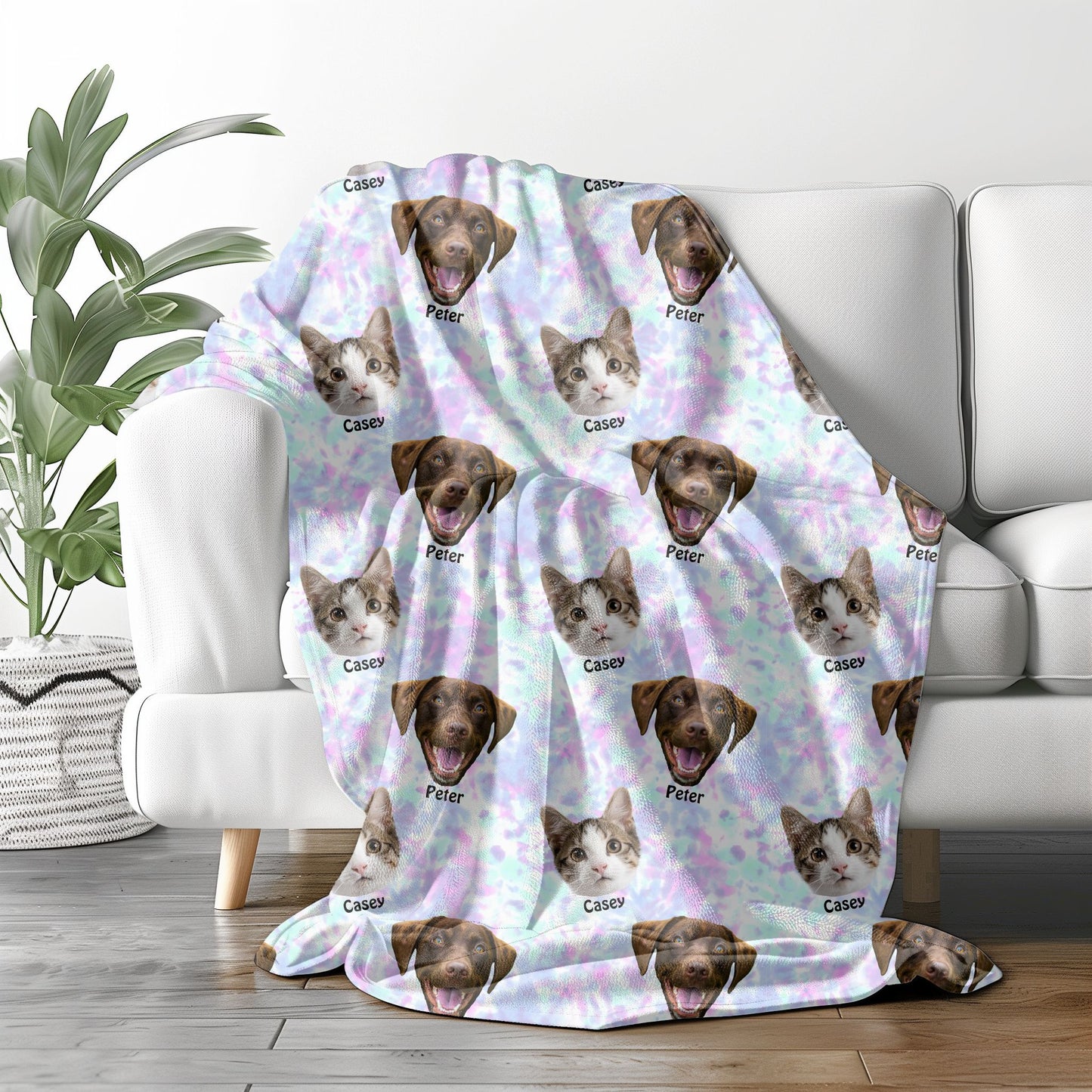 personalized pet photo tie dye blanket on sofa