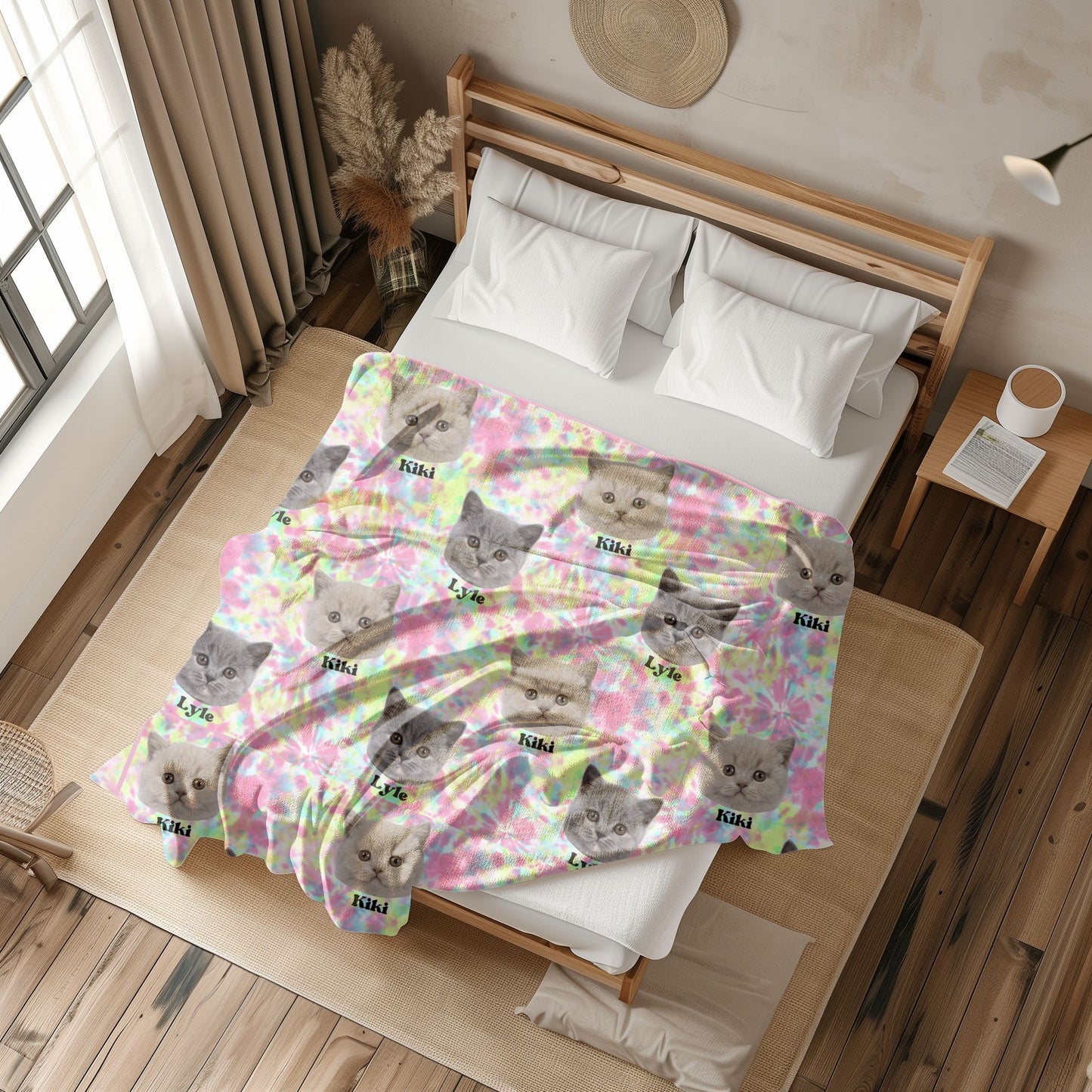 custom pet photo and name tie dye blanket on bed