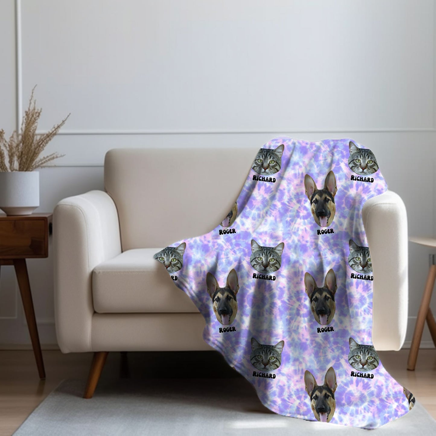 personalized pet portrait tie dye blanket on sofa